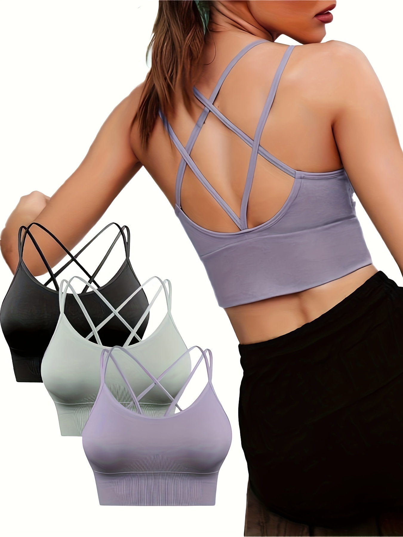 Solid Strappy Crossover Back Yoga Sports Bras Quick Dry - Temu