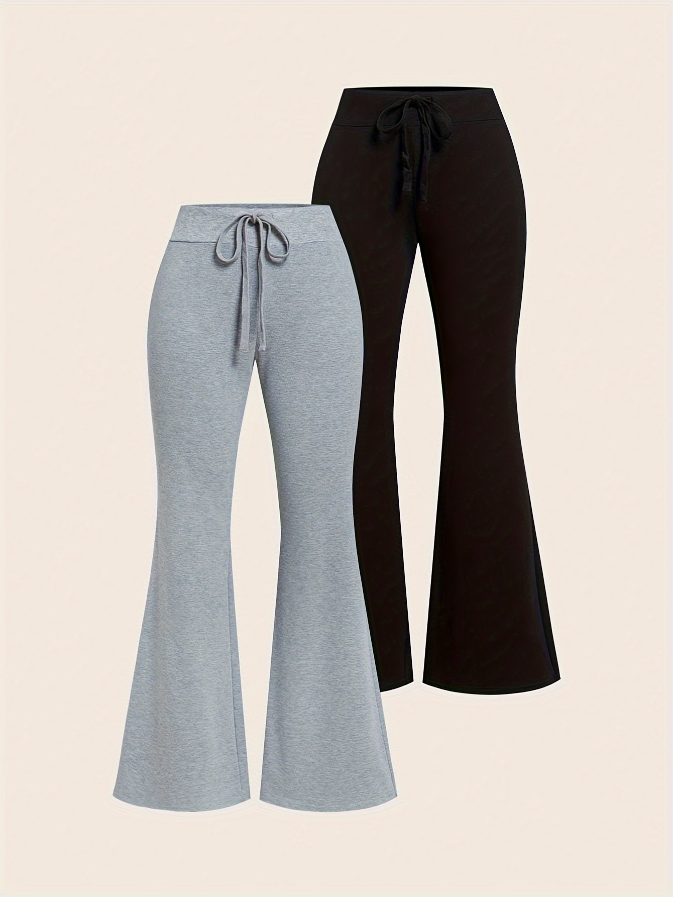 Solid Flare Leg Pants 2 Packs, Casual Drawstring High Waist Pants, Women's  Clothing