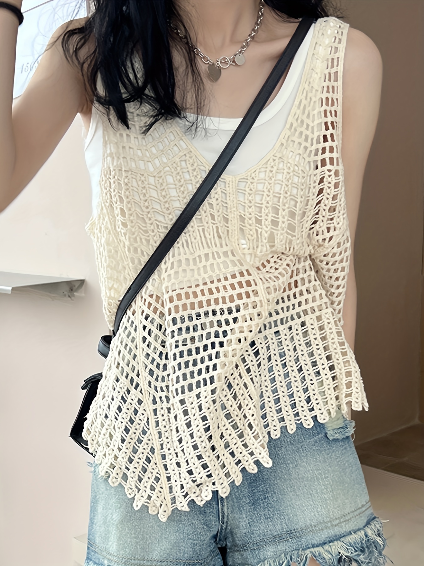 Crochet Cover Knitted Top Casual Beach Wear V neck Tank Top - Temu