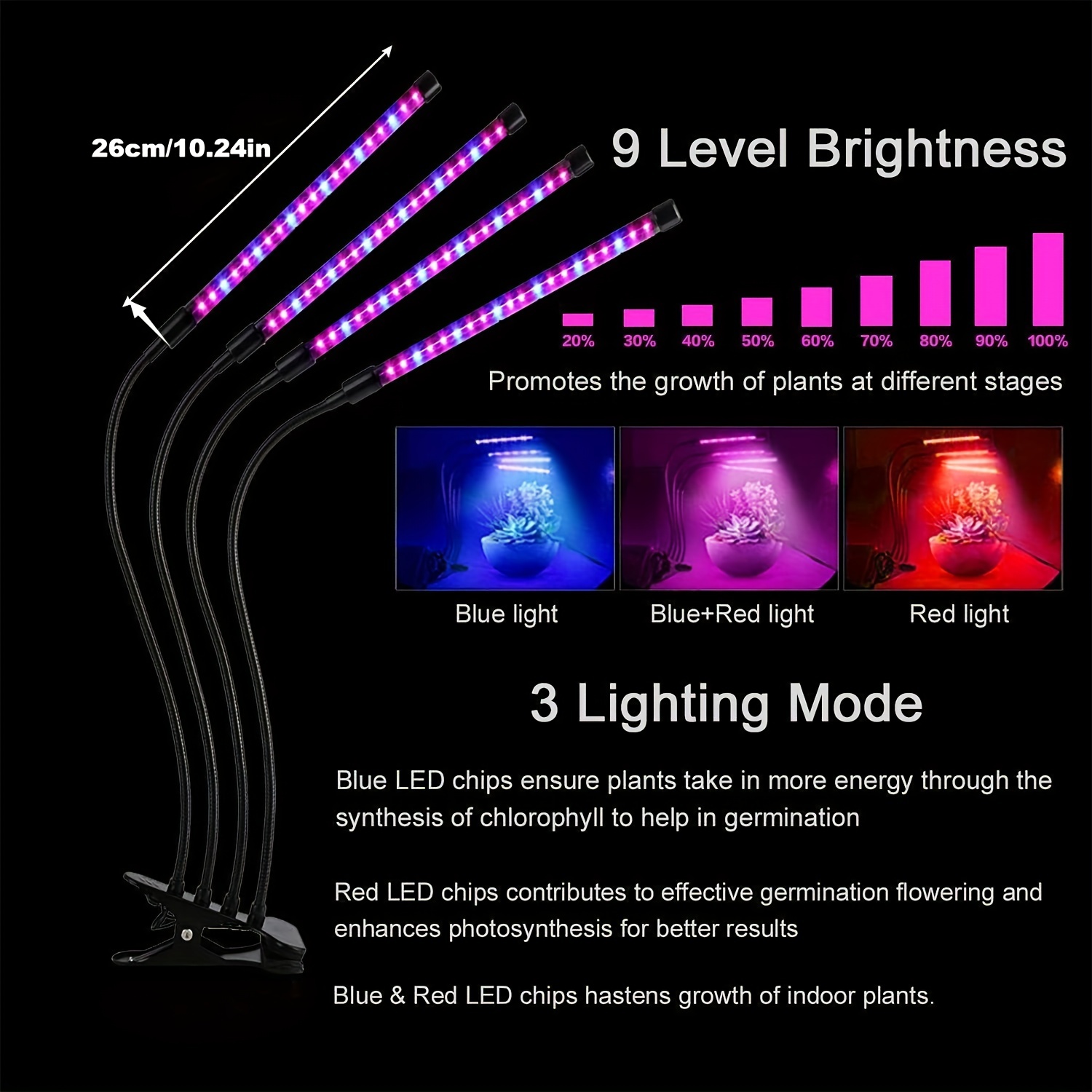 1 Pièce, Lampe De Culture Pour Plantes D'intérieur, Version Améliorée, Lampes  LED À Spectre Complet, Minuterie À Spectre Rouge Et Bleu, Niveau Variable,  Col De Cygne Réglable, 3 Modes De Commutation, Lampe