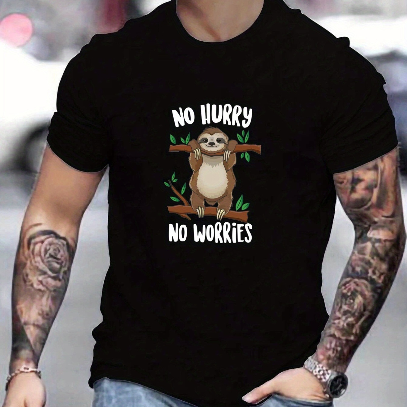 

'no Hurry No Worries' Koala Round Neck T-shirts, Causal Graphic Tees, Short Sleeves Slim Fit Tops, Men's Summer Clothing