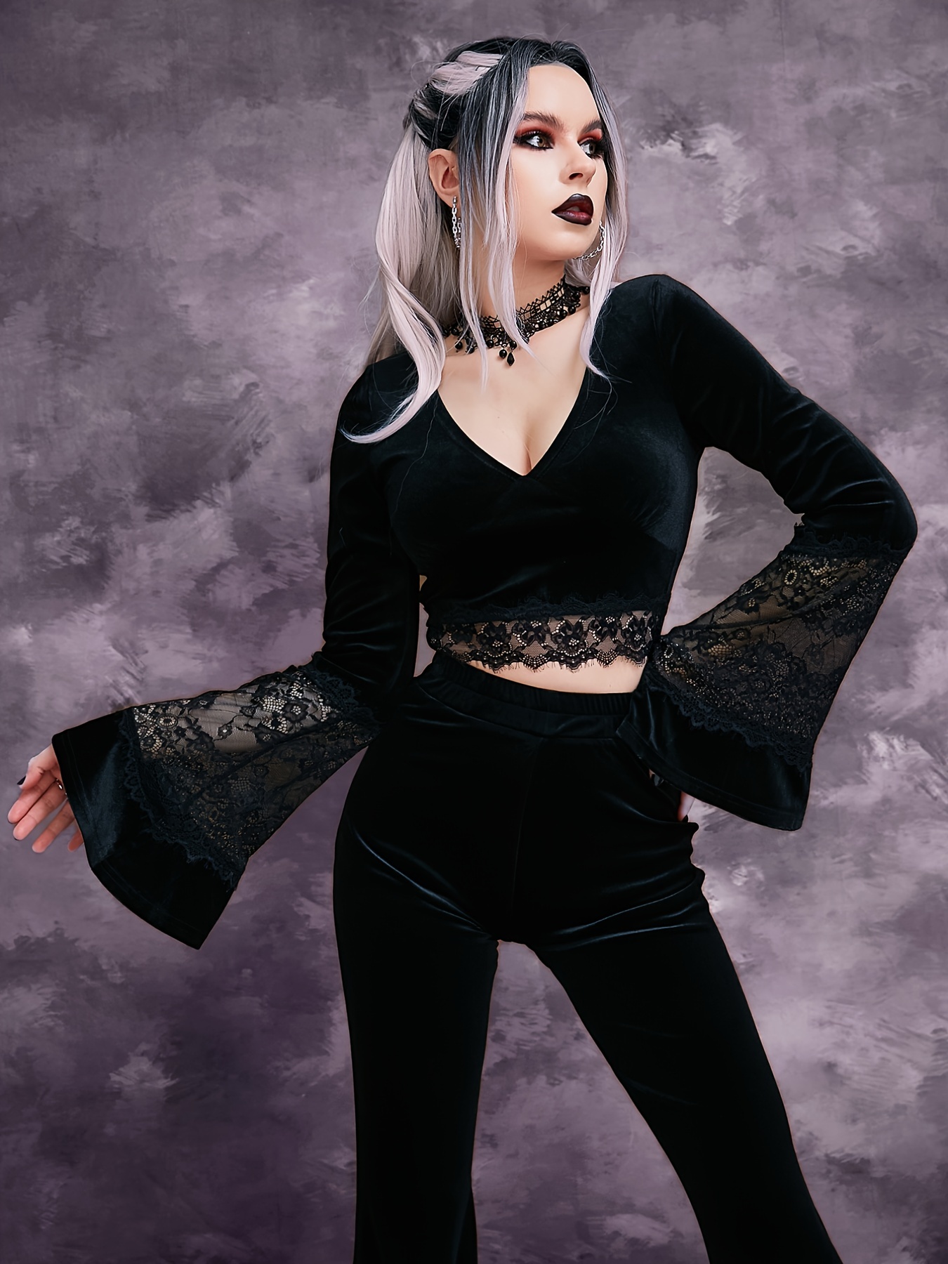 Dark Gothic Lace Panel Velvet Tops, Flared Long Sleeve Fashion Crop Fits  Tunics Tops, Women's Clothing