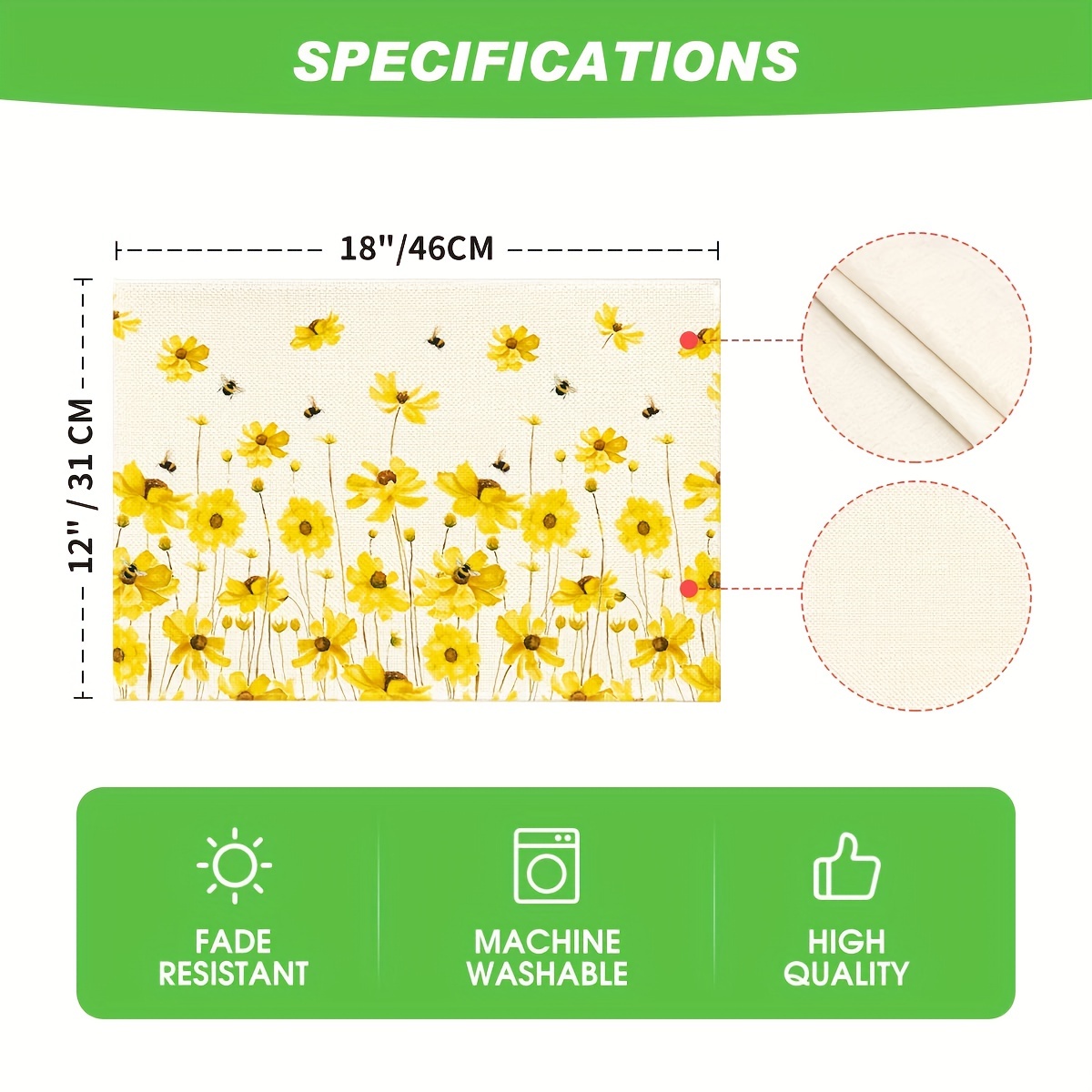 Spring Placemats, Linen Yellow Flower Bee Pattern Placemats Dining