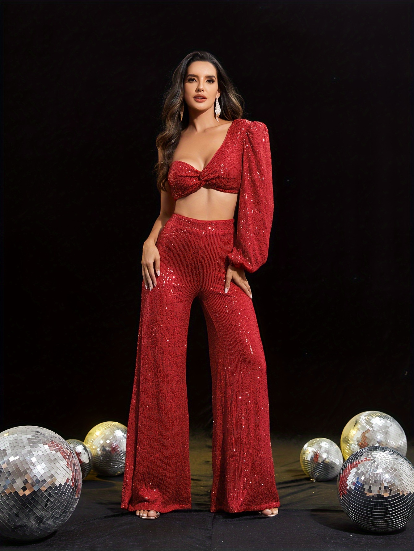 Sequin Decor Matching Two-piece Set, One-shoulder Lantern Sleeve Crop Top &  Wide Leg Pants Outfits, Women's Clothing