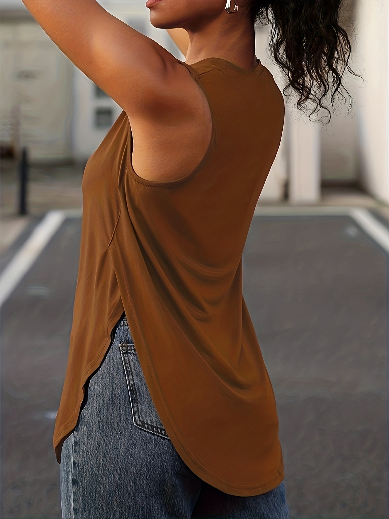 Solid Crew Neck Tank Top, Casual Sleeveless Split Top, Women's Clothing