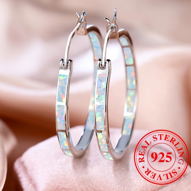 

Pretty 925 Sterling Silver Hypoallergenic Hoop Earrings Embellished With Opal Bohemian Elegant Style Delicate Female Earrings