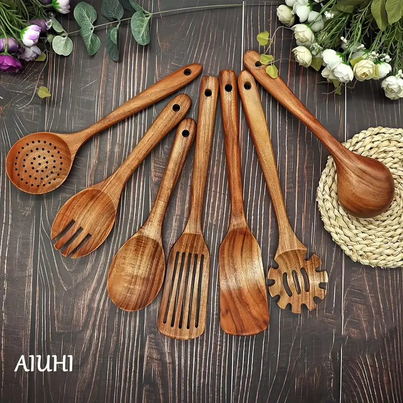 7pcs Wooden Cooking Utensils For Kitchen, Nonstick Non Scratch Natural Teak  Wooden Utensils For Cooking, Back To School Supplies
