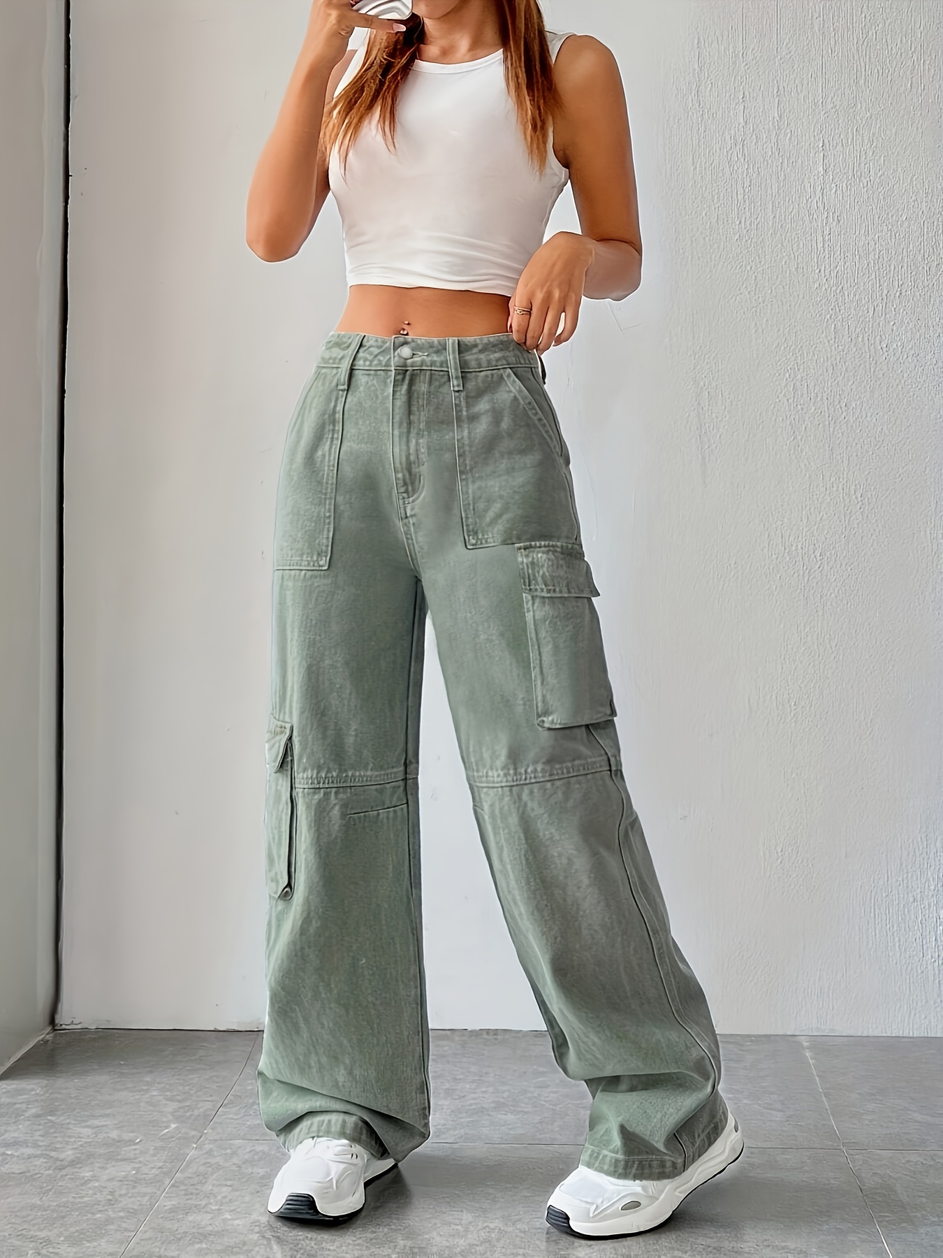 Women's High Waist Cargo Jeans Flap Pocket Baggy Cargo Pants Y2K