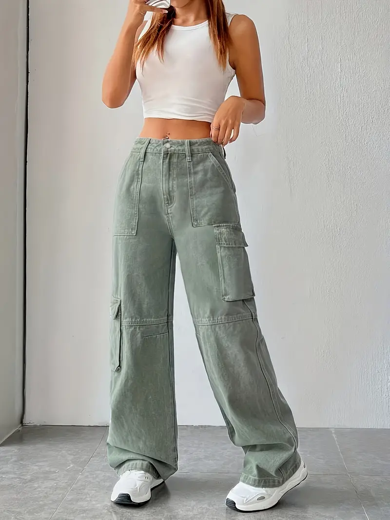 Green Flap Pockets Baggy Jeans High Waist Non stretch Y2k - Temu Canada