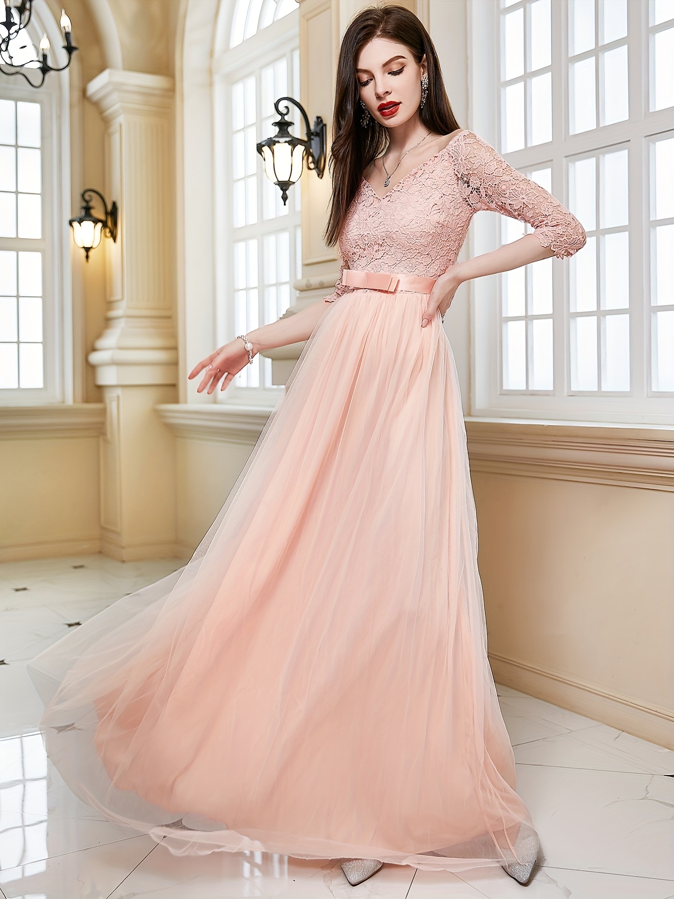 Contrast Lace Solid Dress Elegant V Neck Evening Party Maxi - Temu Canada