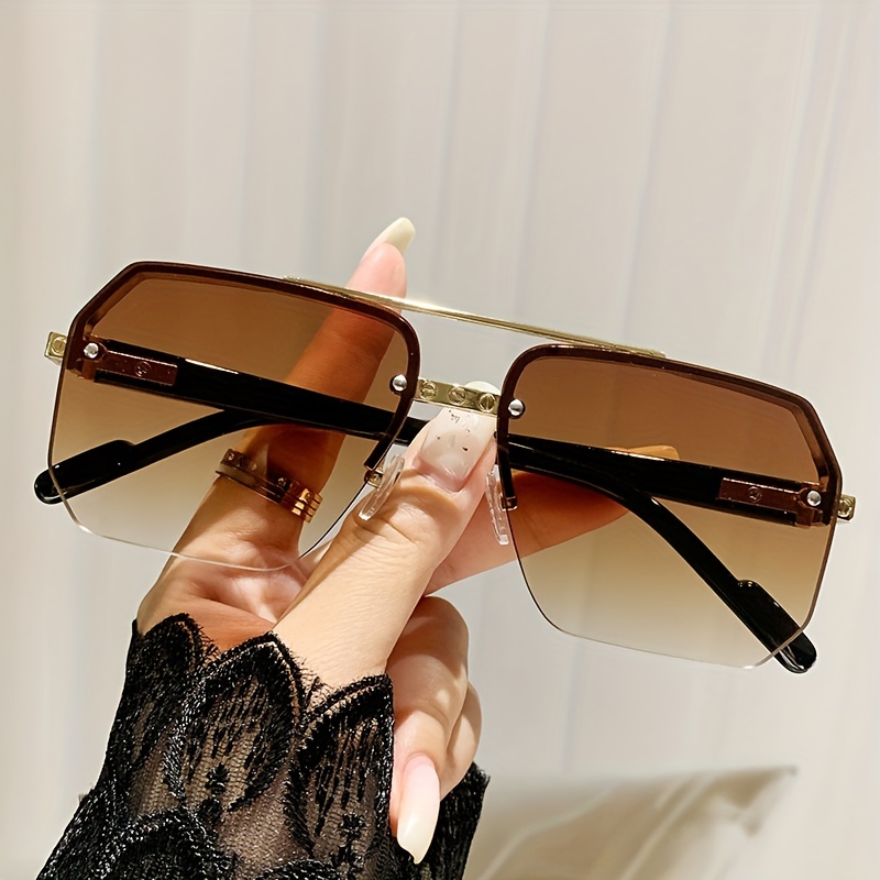 Double Bridge Rimless Fashion Sunglasses For Women Men Punk Rivet Aviator  Ombre Uv400 Sun Shades For Summer Beach Party - Temu Bahrain