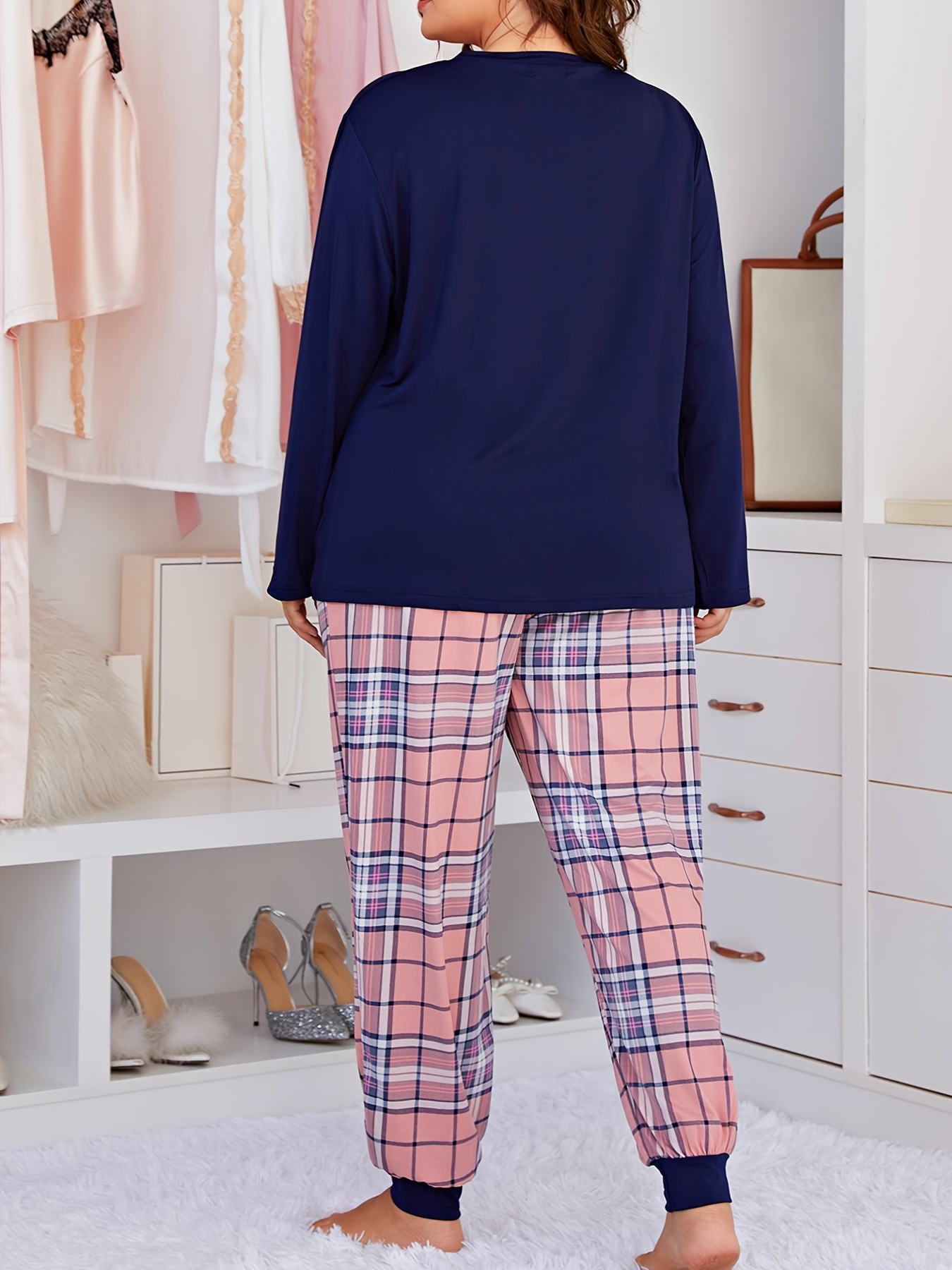 Women's Plus Size Loungewear Heart Print Long Sleeve Top and Plaid Pants  Loose Comfy Casual Pajamas Lounge Set