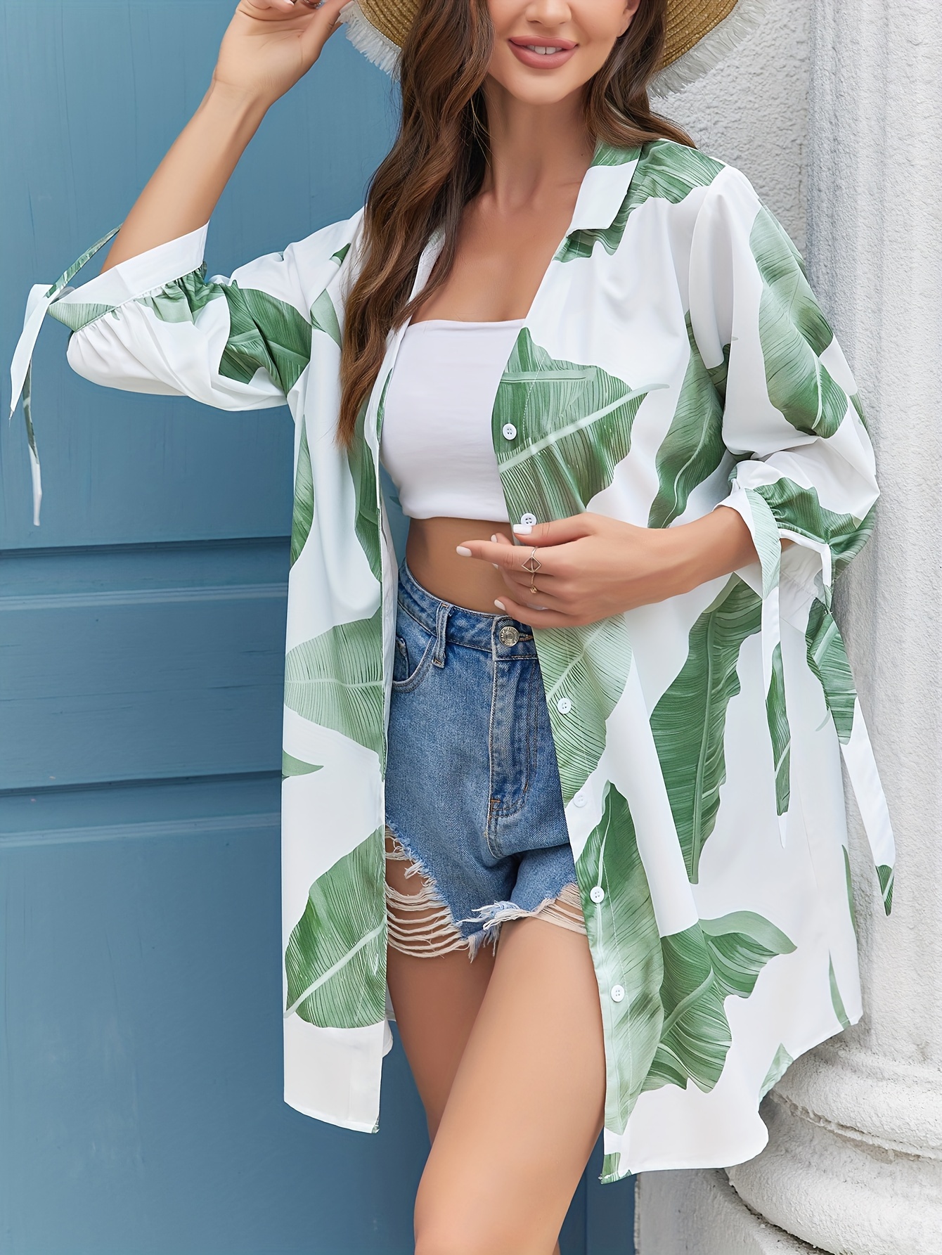 Allover Leaf Print Open Front Cover Long Sleeve Stretchy - Temu