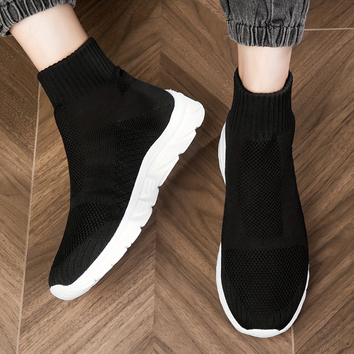 

Men's Stylish Slip On Sock Shoes: Athletic High Top Breathable Woven Knit Lightweight Sneakers For Running!