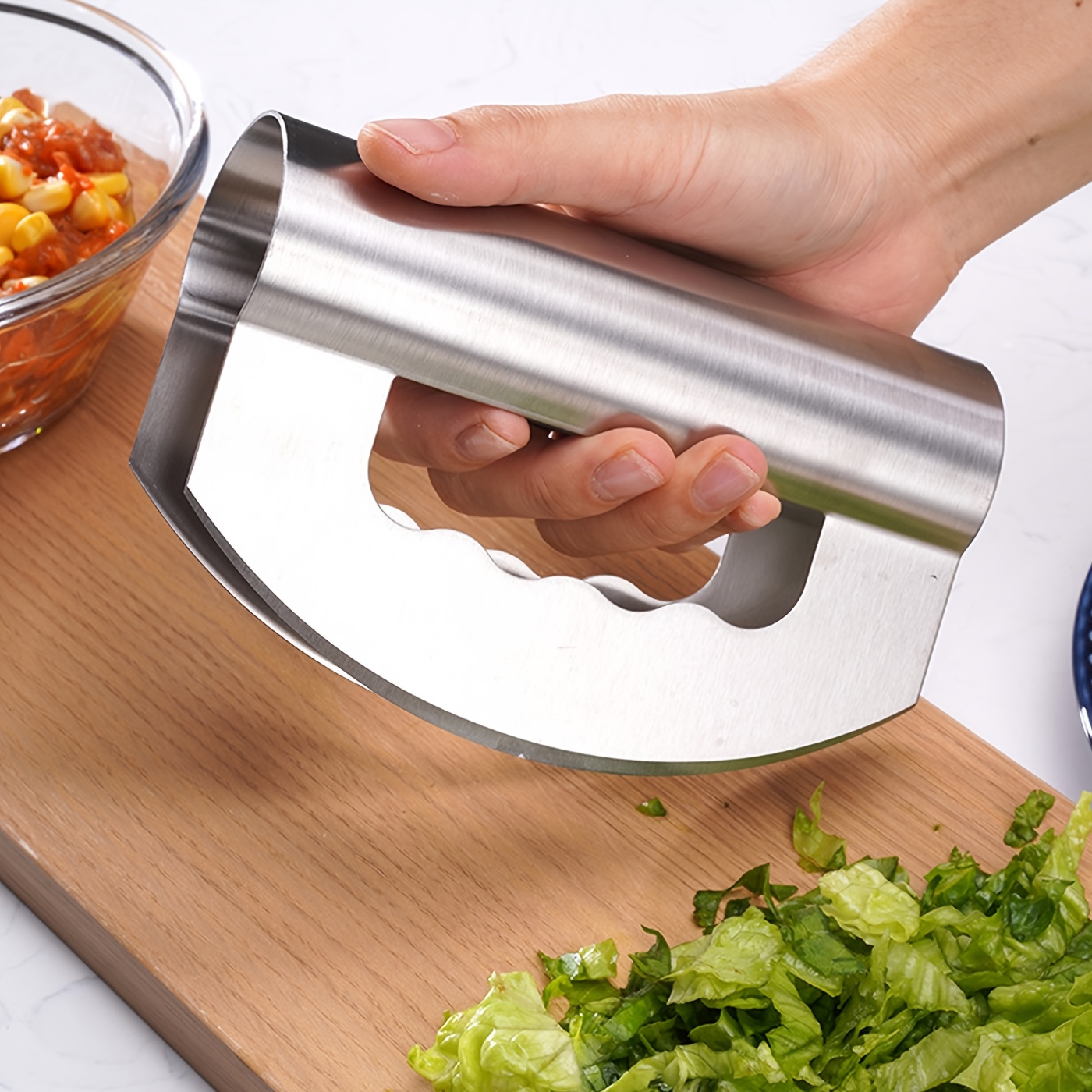 1pc Vegetable Chopper - Stainless Steel Rocker Knife for Lettuce &  Vegetables with Blade Protector