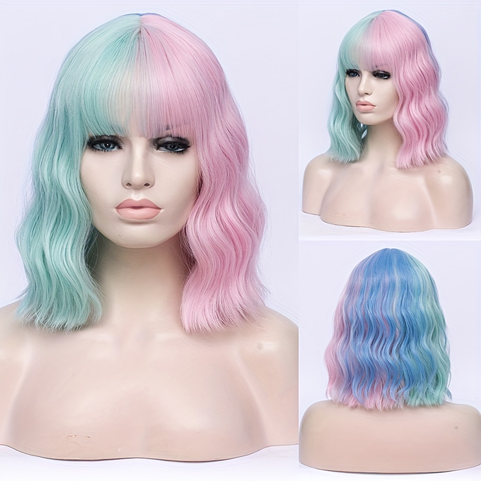 Two Tone Short Curly Wig with Bangs - Shoulder Length Synthetic Split Wig