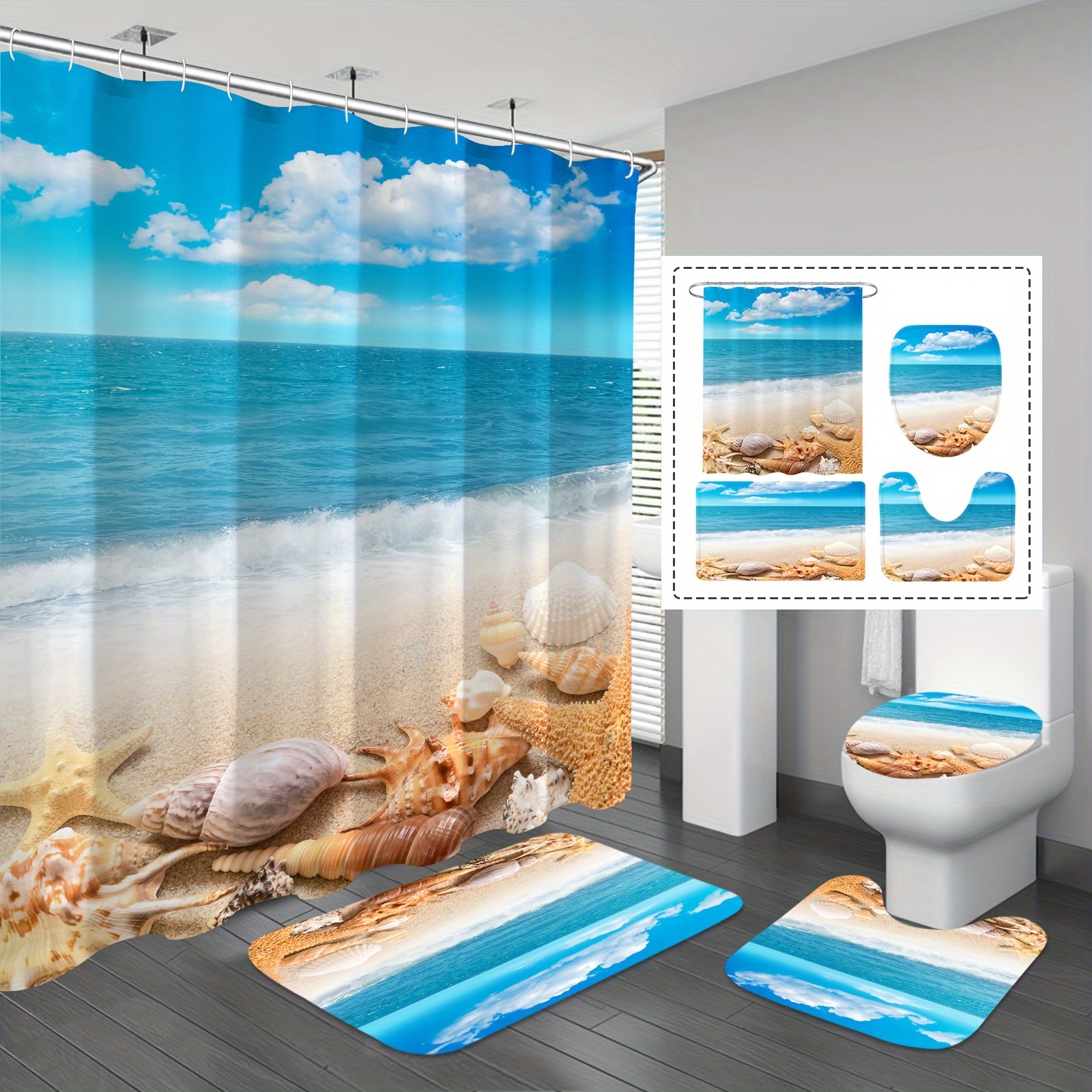 Beach Shell Shower Curtain Set Starfish Seashell Bathroom - Temu