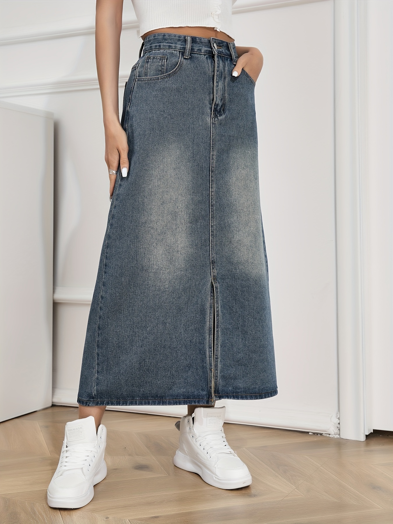 Women High Split Denim Jean Skirt Button Up Gradient Blue A-Line Long Skirt