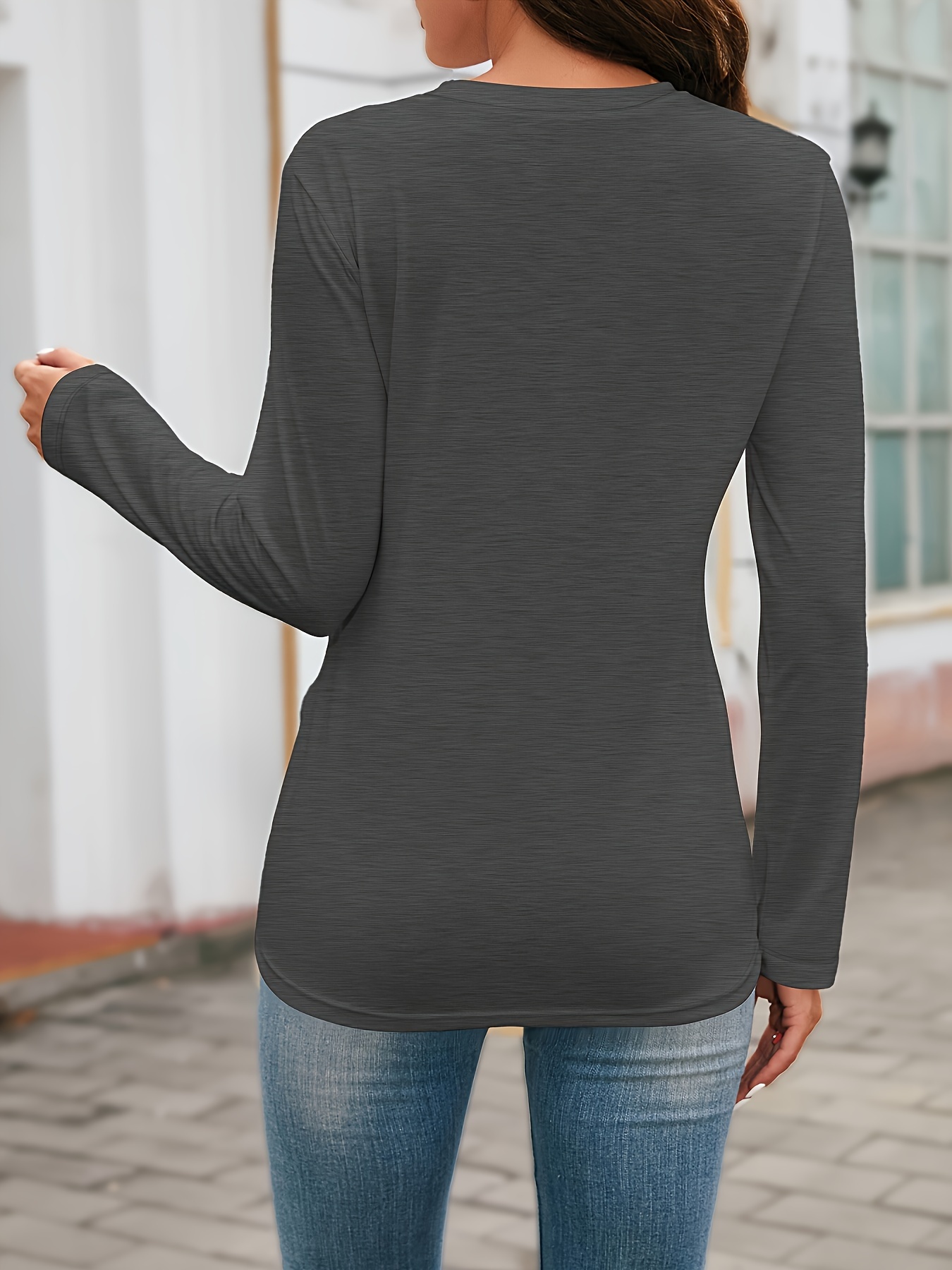 plus size simple solid t shirt casual crew neck long sleeve t shirt womens plus size clothing dark grey 1