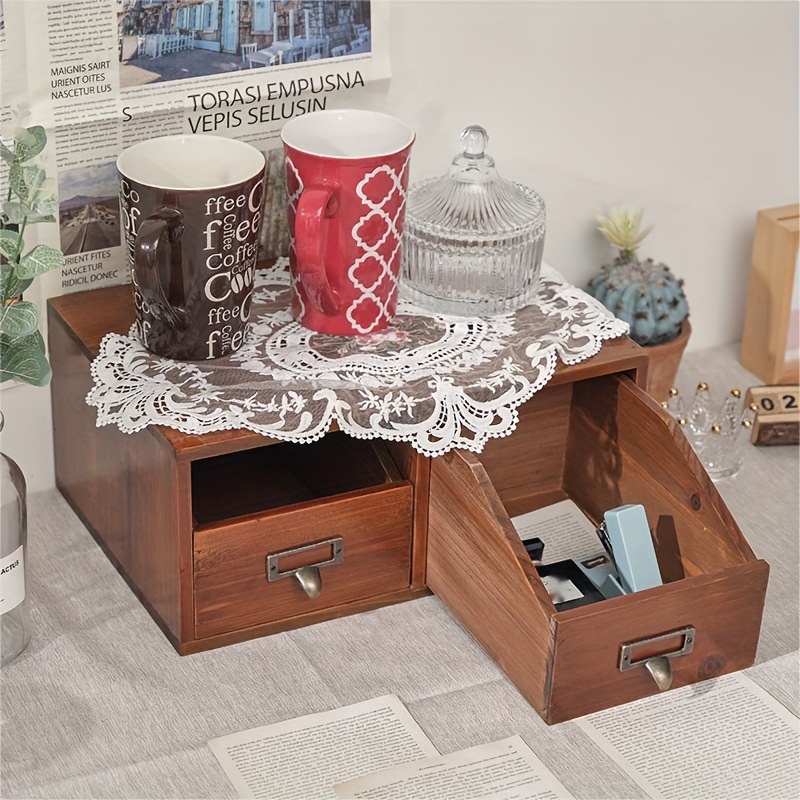 Organisateur de bureau en bois de bricolage, grande capacité, boîte de  rangement avec tiroir pour la maison, le bureau et l'école (couleur cerise)