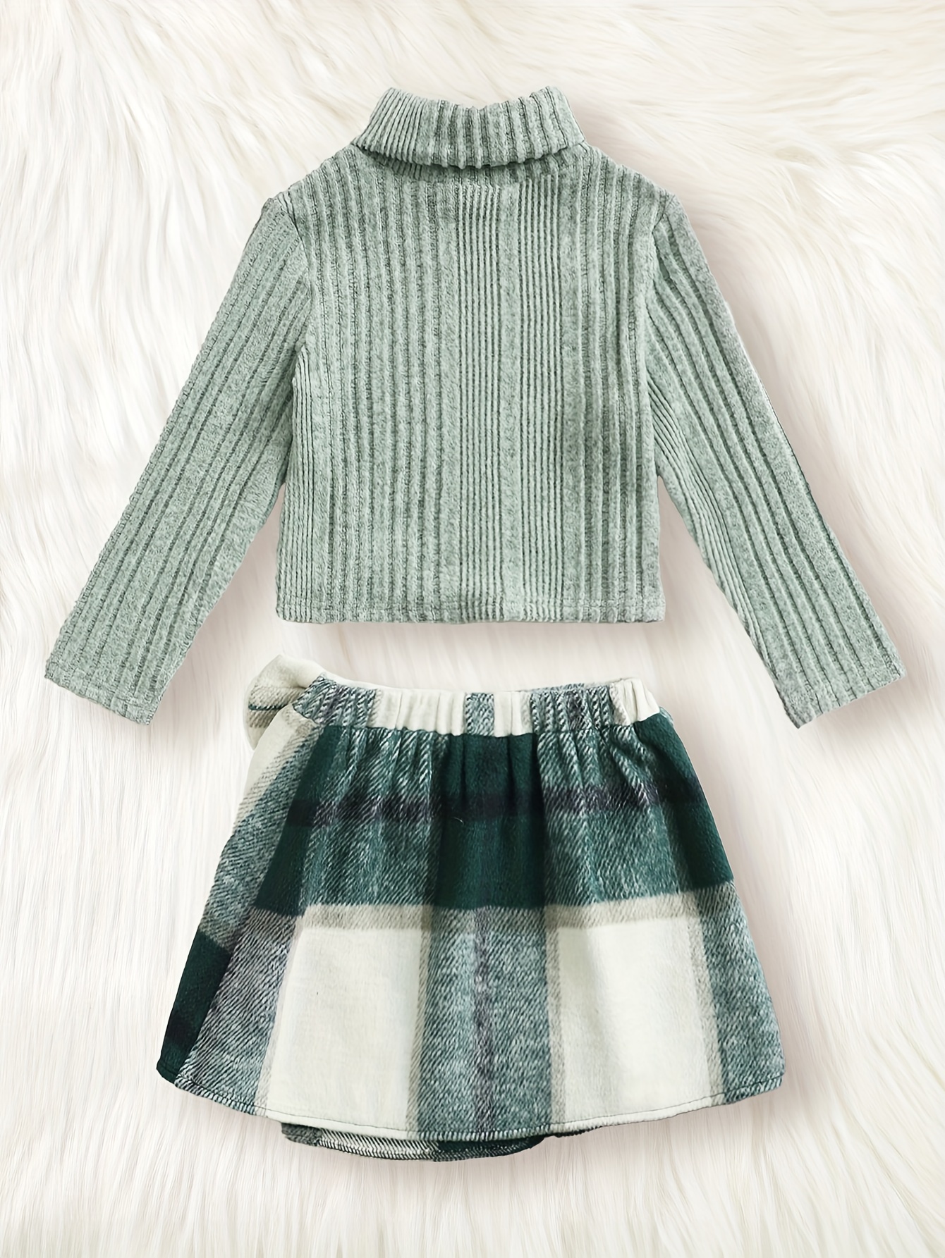 Ribbed Turtleneck Pullover + Plaid Skirt Set Kids Clothes - Temu
