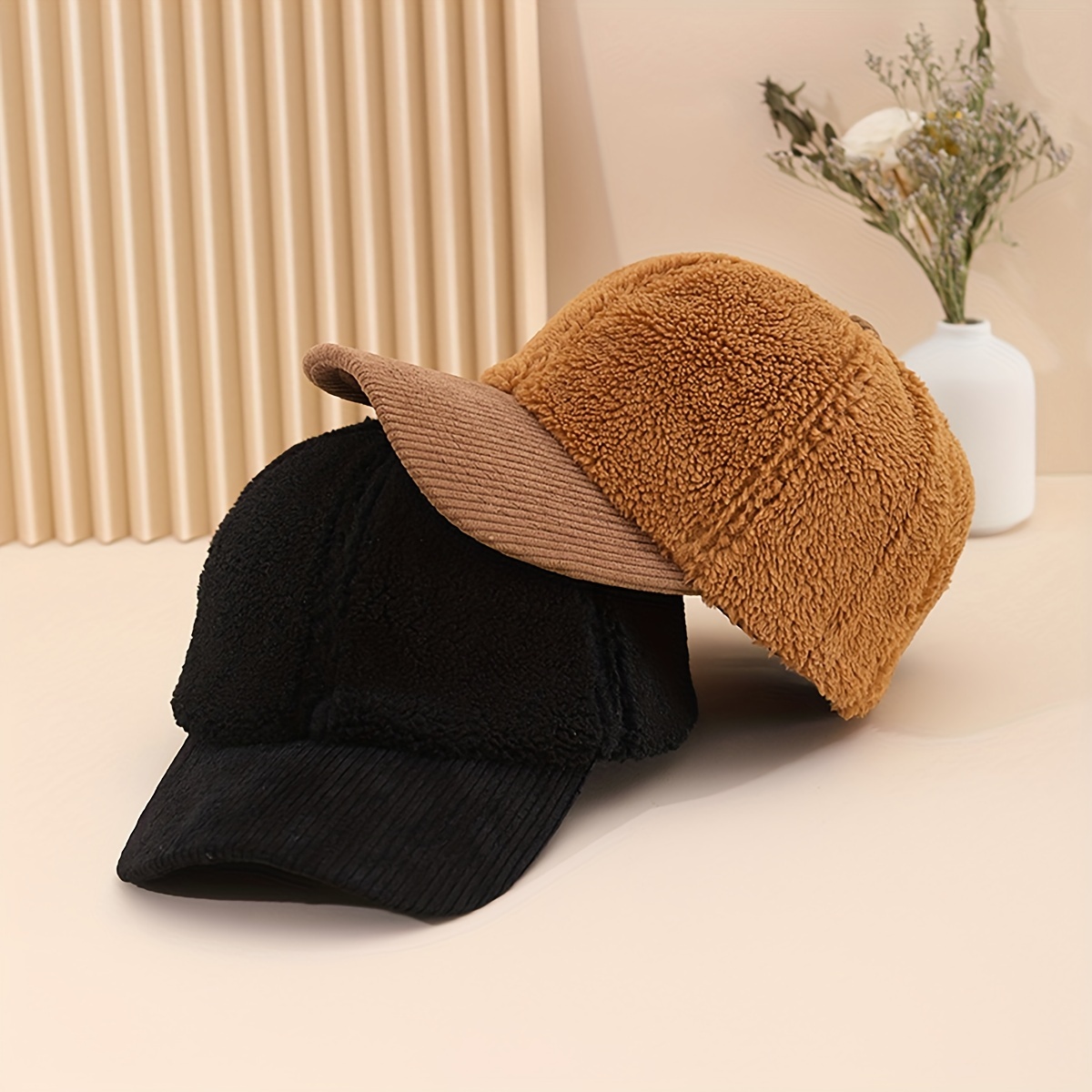 Solid Color Fuzzy Baseball Baseball Hat, Dad Hats Classic Warm Plush Sun Hats Thick Coldproof Adjustable Dad Hat for Women Autumn & Winter,Temu