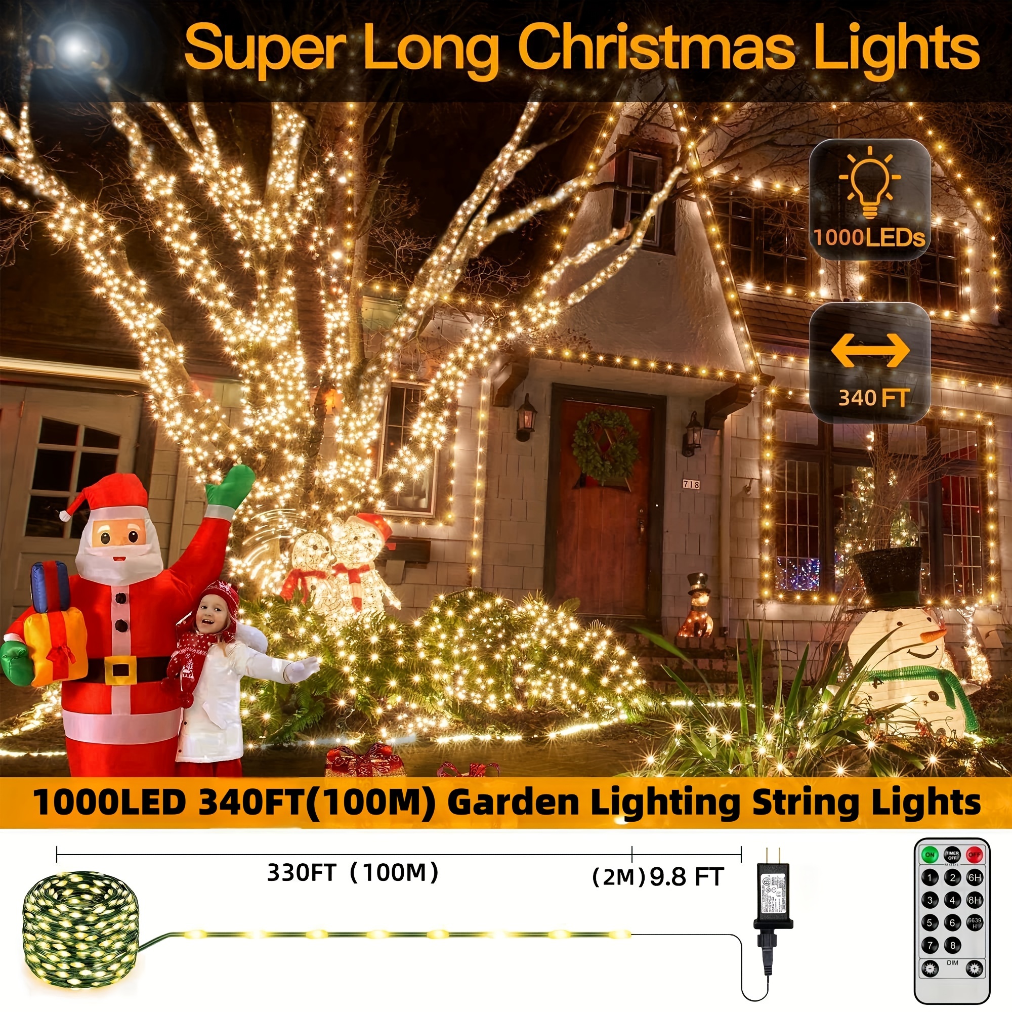 Christmas Lights Outdoor-1000LED 330FT IP67 Waterproof Plug in Christmas  Tree Lights with Remote-8 Modes Memory Function and Timer House Xmas Indoor  Decorations String Lights (Multicolored) 