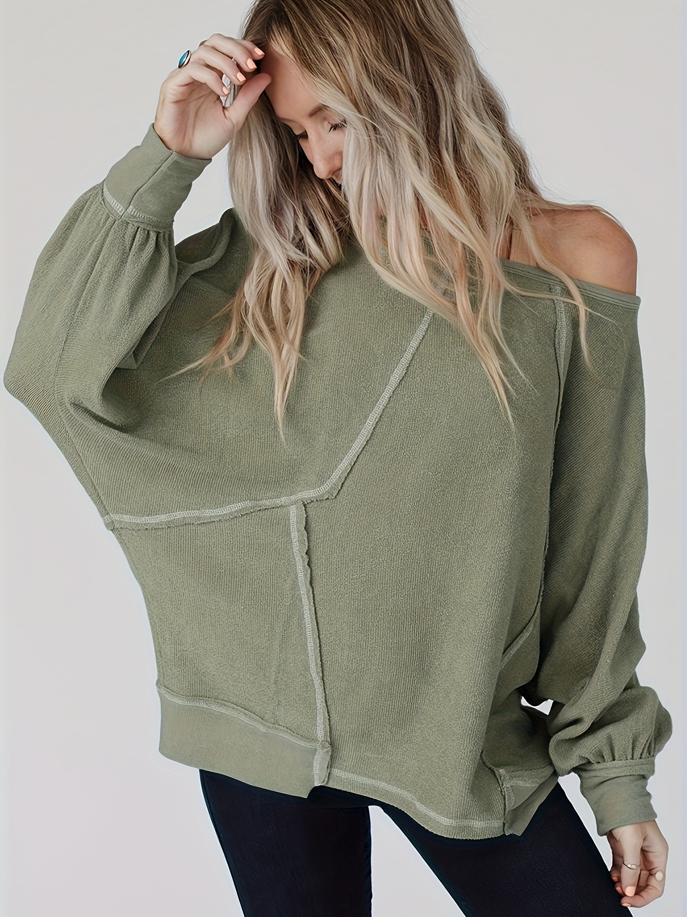 Top stitching One shoulder Sweater Casual Long Sleeve Temu