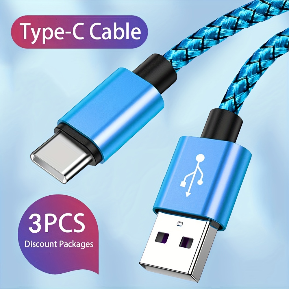  Cable USB tipo C de carga rápida, paquete de 3 cables de carga  rápida de nailon trenzado 3A de 10 pies, cable tipo C a A compatible con  Samsung Galaxy S21