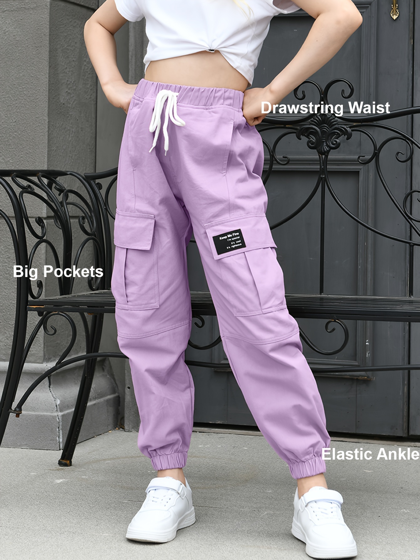 US Kids Girls Cargo Pants Elastic High Waist Jogger Pants Casual Long  Sweatpants