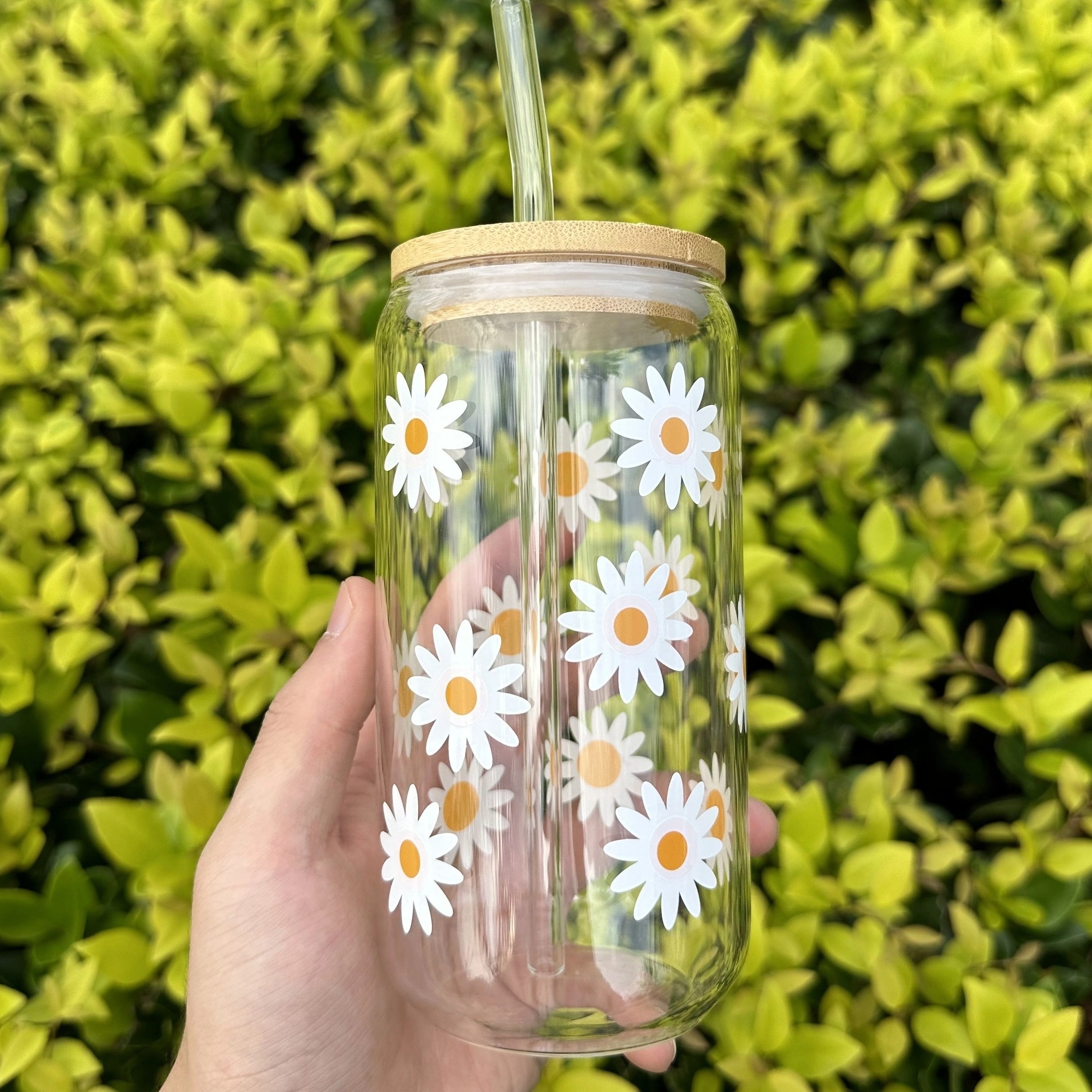 White Smiley Can Glass Cup With Bamboo Lid + Metal Straw