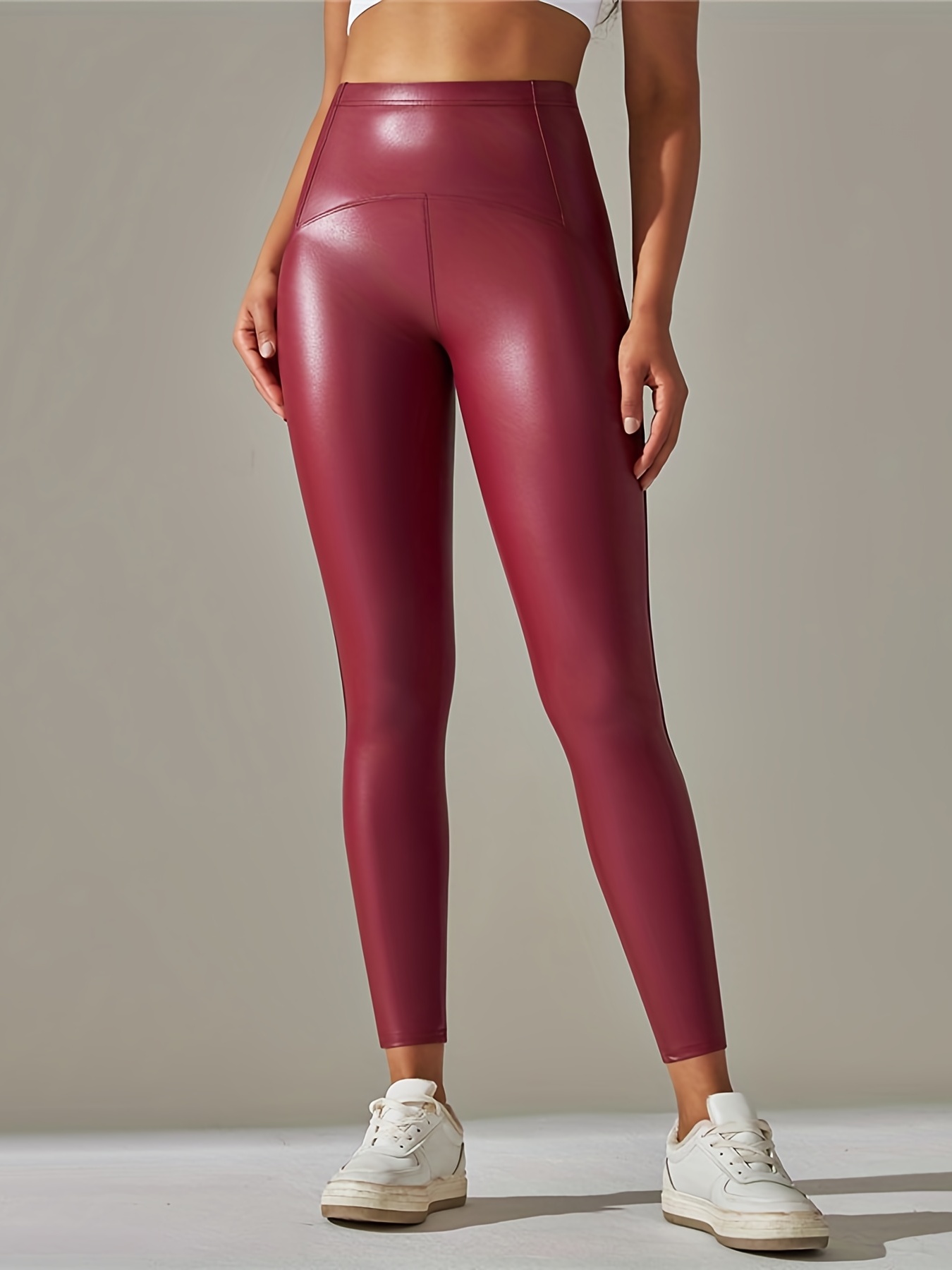 Leggings de látex para mujer, leggings de piel sintética, pantalones  elásticos de cintura alta, pantalones sexys ajustados (color rojo, talla:  XL)