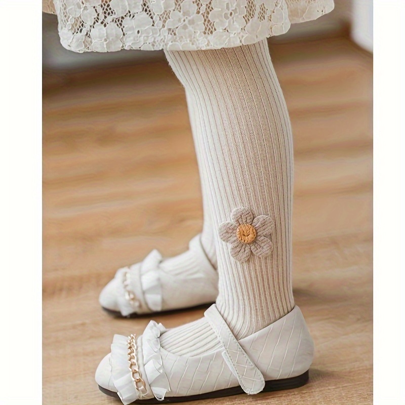 

1 Pair Girl's Knitted Solid Comfy Breathable Leggings Flower Pattern Pantyhose, Winter & Autumn