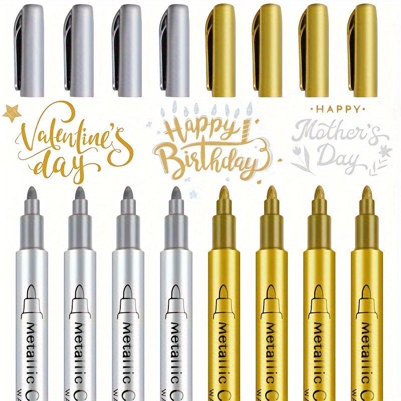 6 Metallic Permanent Marker Pens, 3 Gold/3 Silver Markers, Resin