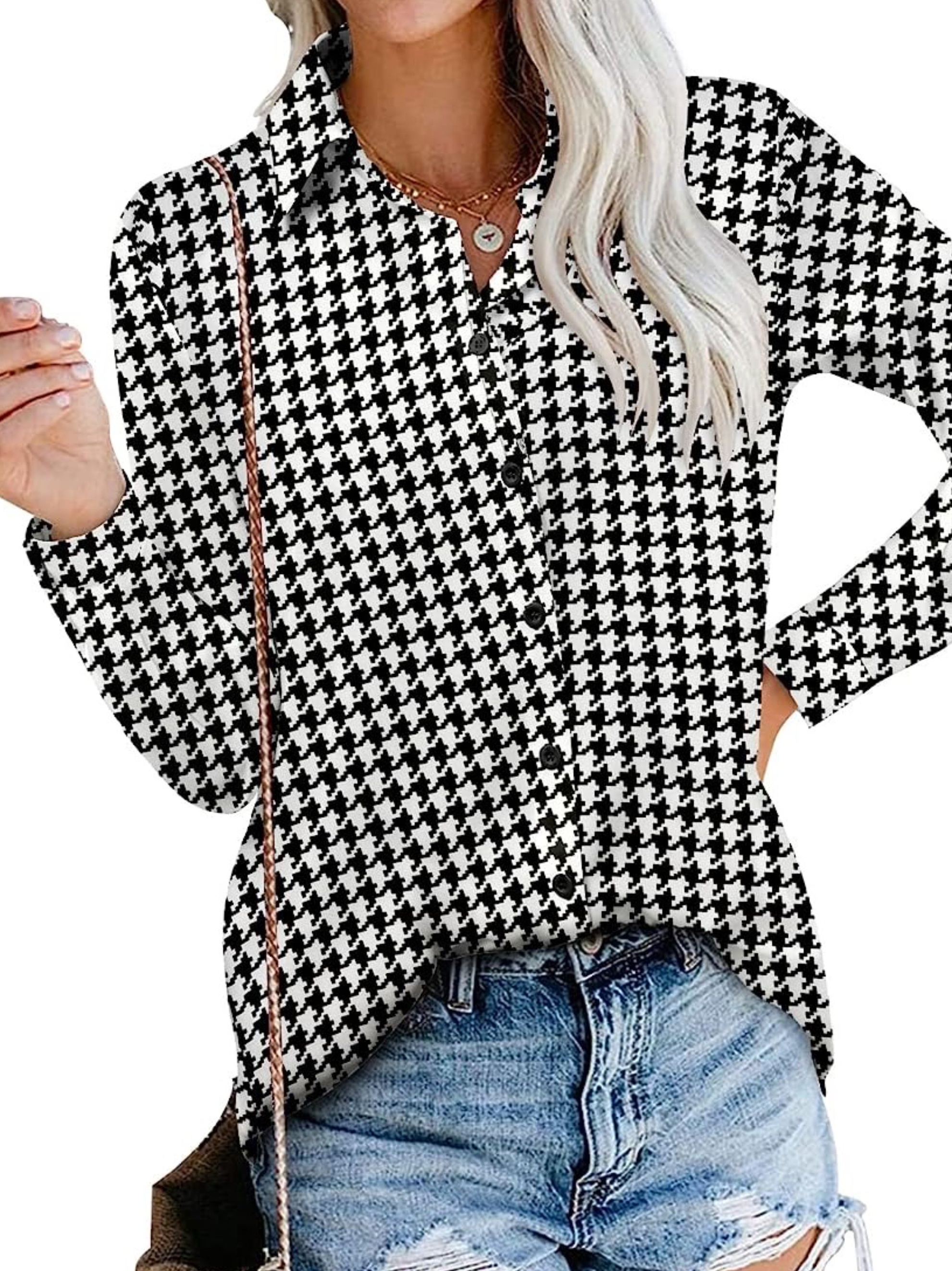 Women's Blouses Women Elegant Houndstooth Shirt Fashion Ruffle Stitching  Fluffy Long Sleeve Top Casual Blouses