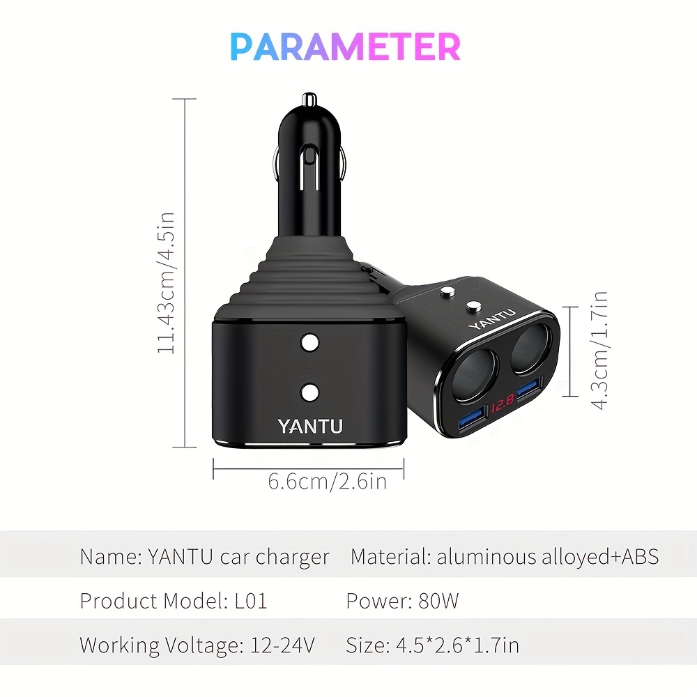Yantu Cigarette Lighter Adapter, Car Charger Adapter 3 Socket Cigarette Lighter Splitter with LED Voltage Display Dual USB Car Charger On/Off
