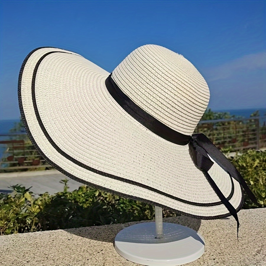 Black Flat Top Sun Hat Wide Pleated Ribbon Decor Straw Hat Elegant Jazz  Fedora Cap French Style Classic Travel Beach Hat For Women