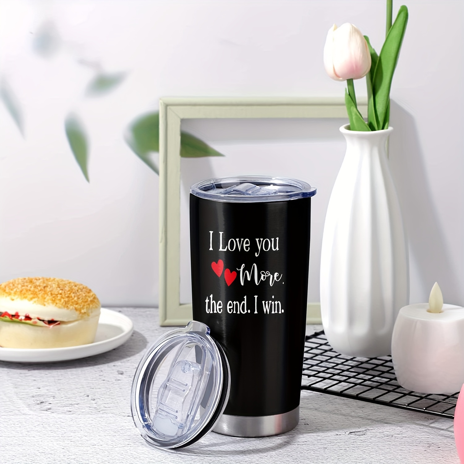 1pc, 20oz Valentines Day Cup Stainless Steel Tumbler, I Love You More. The  End. I Win. Print Double Wall Vacuum Insulated Travel Mug, Gifts For Parent