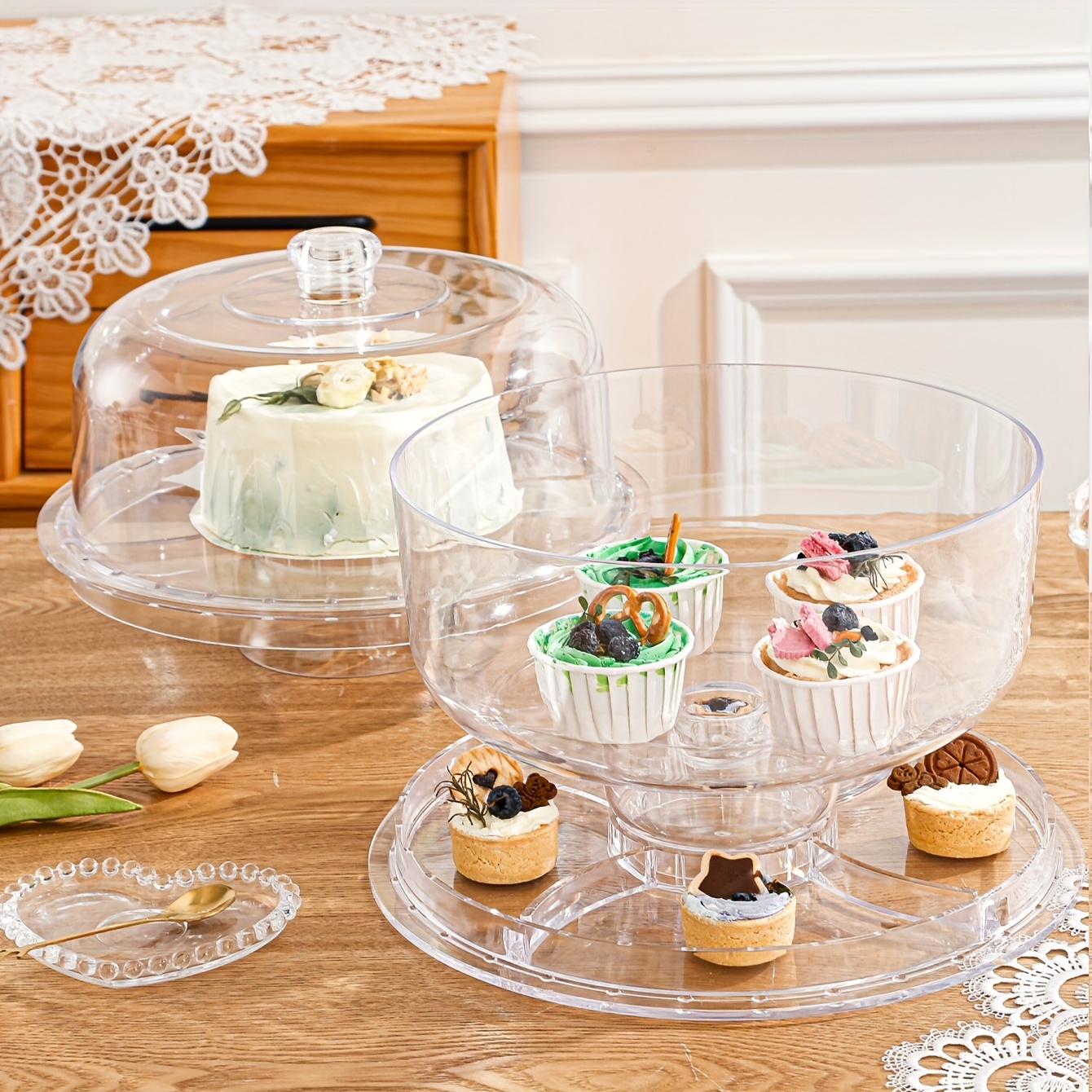 1pc Clear Plastic Cake Stand Set With Dome Lids Round Display Stands For Desserts And Pastries Closure Amber Glass Style Storage Jars For And