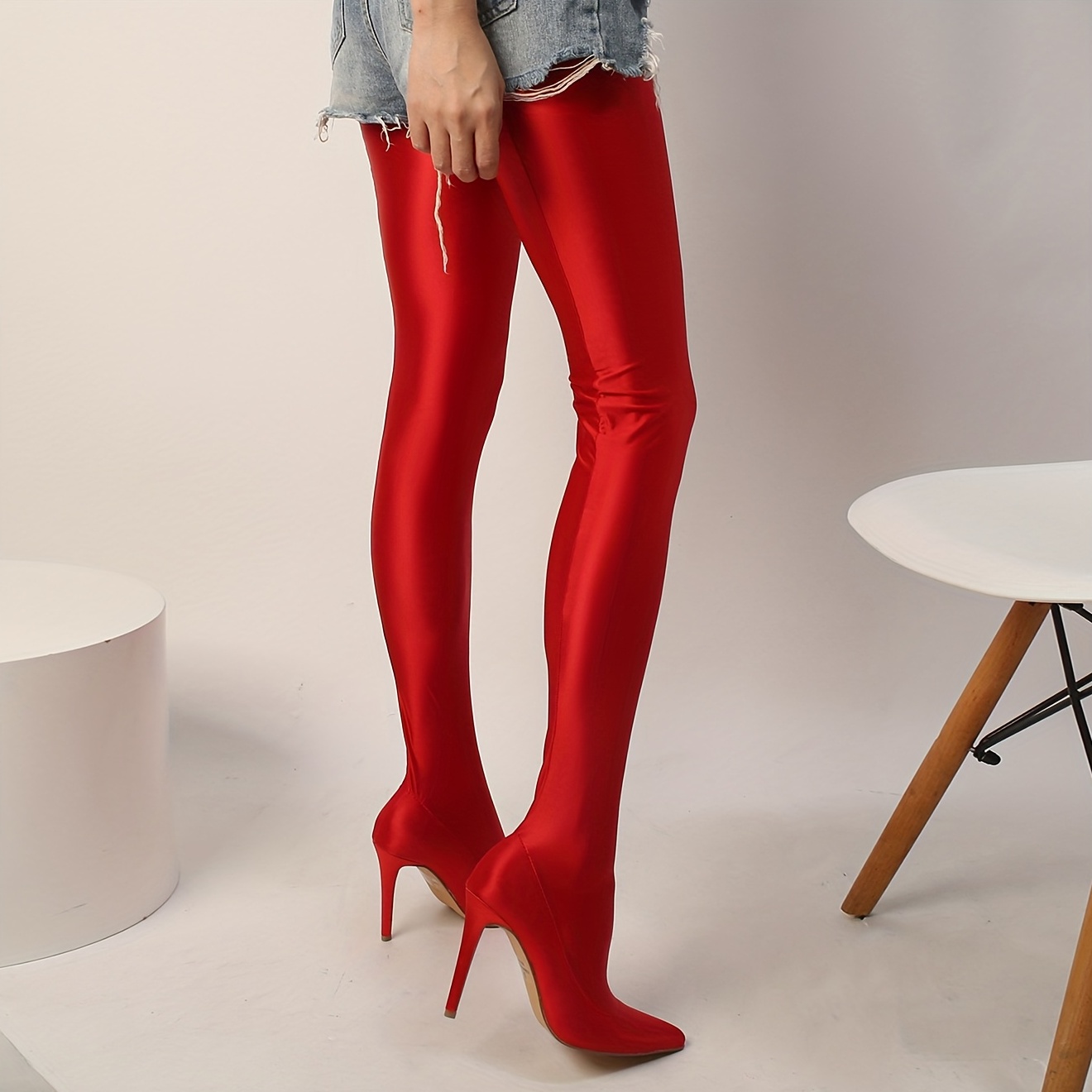 Women's Glossy Lycra Leggings Stiletto Booties, Comfy Pointed Toe Slip On  Heels, Women's Fashion Red Boots