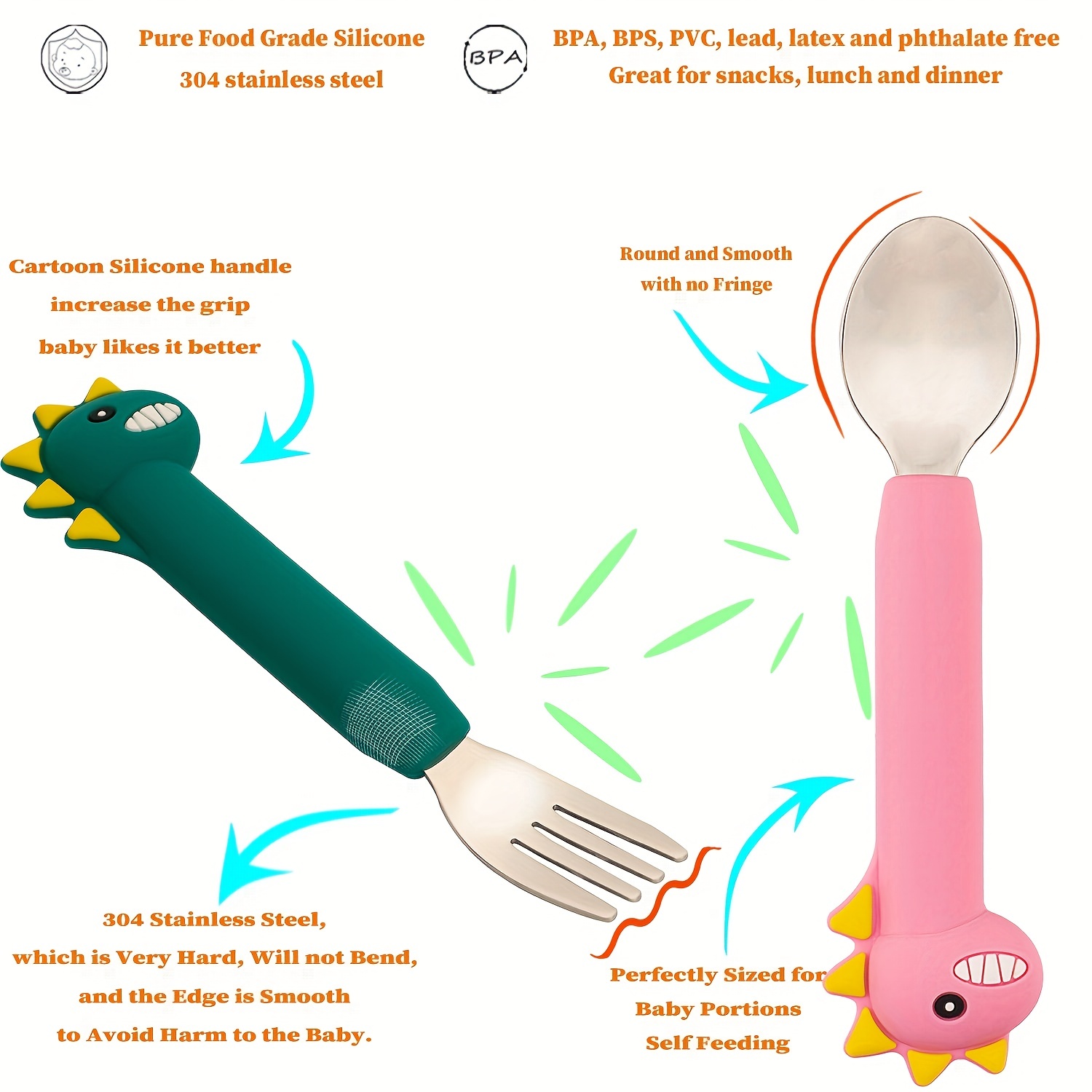  Juego de cubiertos para niños pequeños, 3 cucharas de tenedor de  acero inoxidable con estuche de viaje. Cubiertos de metal para bebés de 1,  2, 3, 4 años, mango redondo para