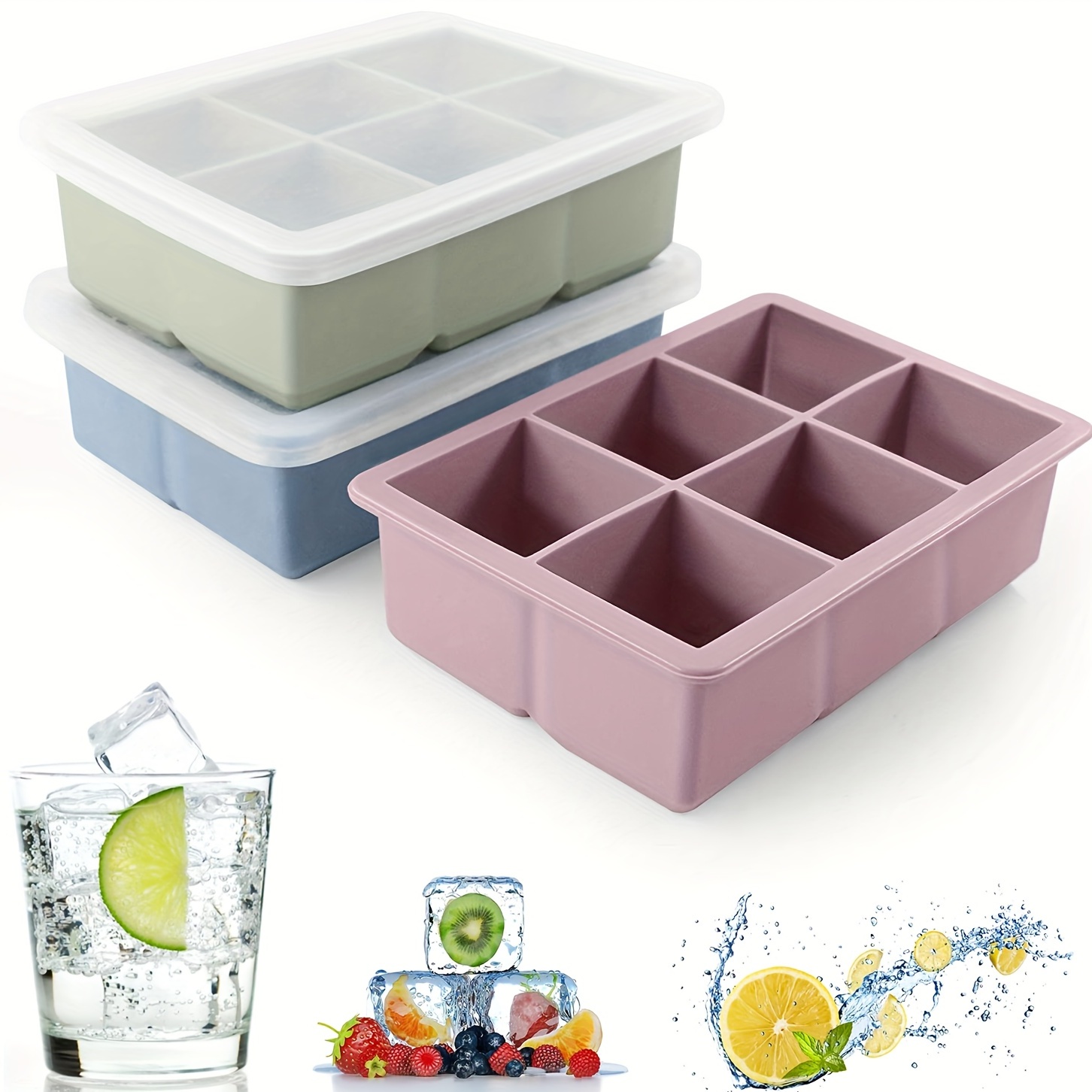 Ice Cube Tray With Lid, 6 Cavity Flexible Food Grade Silicone Ice