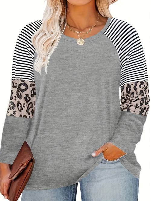 plus size leopard strip print long sleeve t shirt womens plus stretch round neck casual top