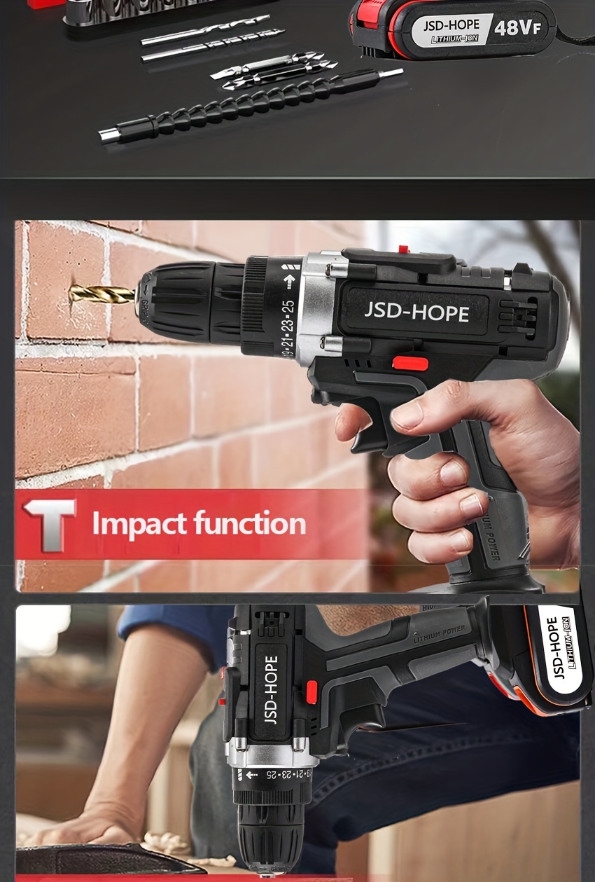 Cordless Impact Drill / Driver 48vf Kit High Power Lithium - Temu