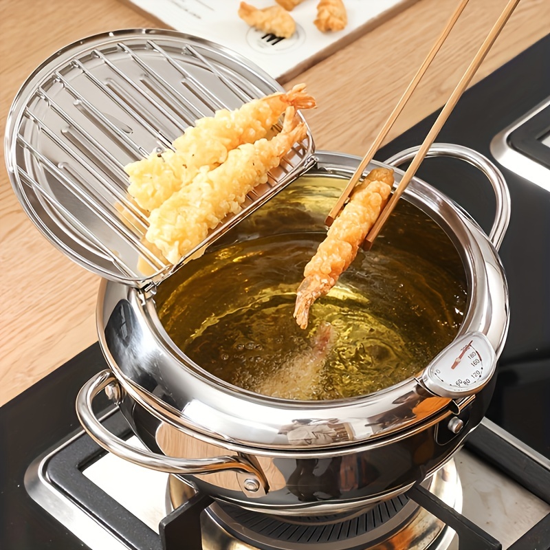 1pc,Deep Fryer Pot, Janpanese Style Tempura Frying Pot with Lid, 304  Stainless Steel with Temperature Control and Oil Drip Drainer Rack, for  Kitchen French Fries, Chicken etc