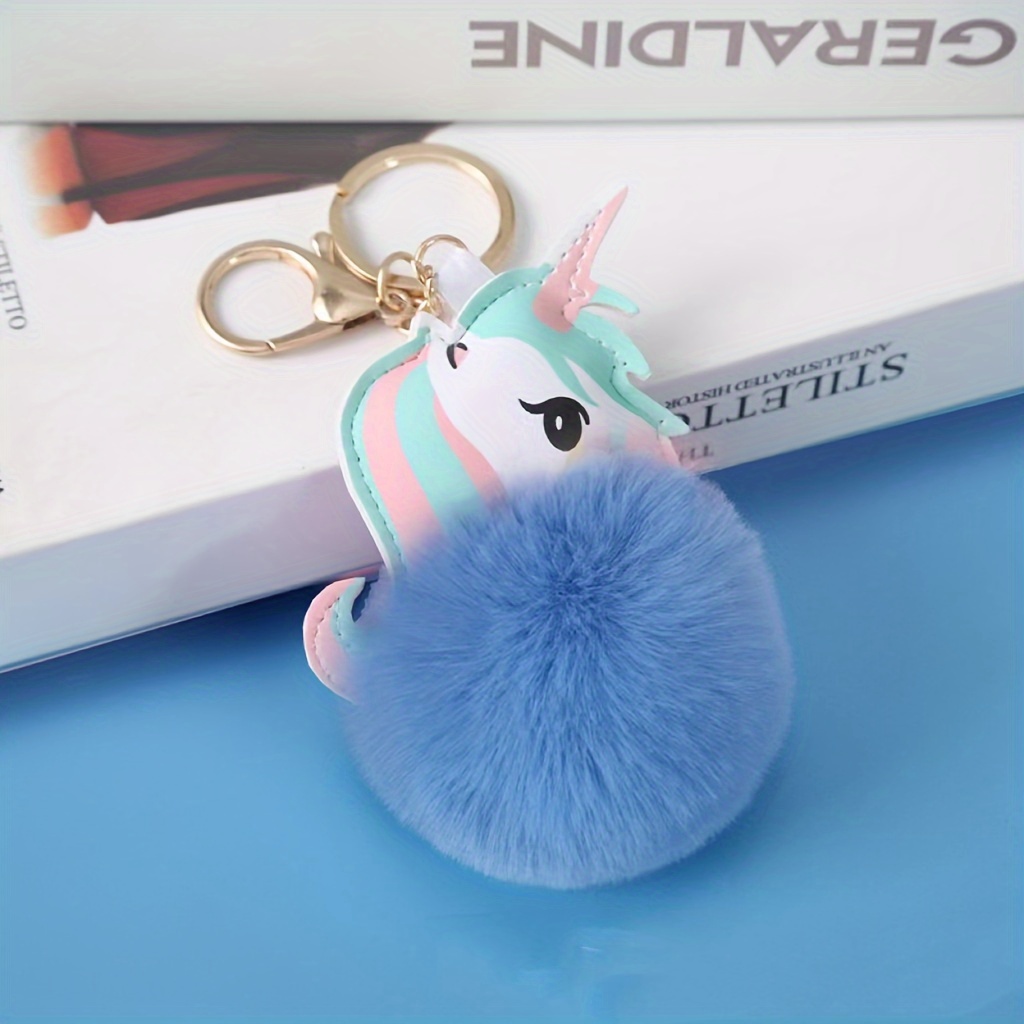 1pc White Plush Cute Unicorn Pom Pom Keychain For Bag, 1pc Faux Plush  Rabbit Ball Keychain & 1pc Plush Pony Car Decoration