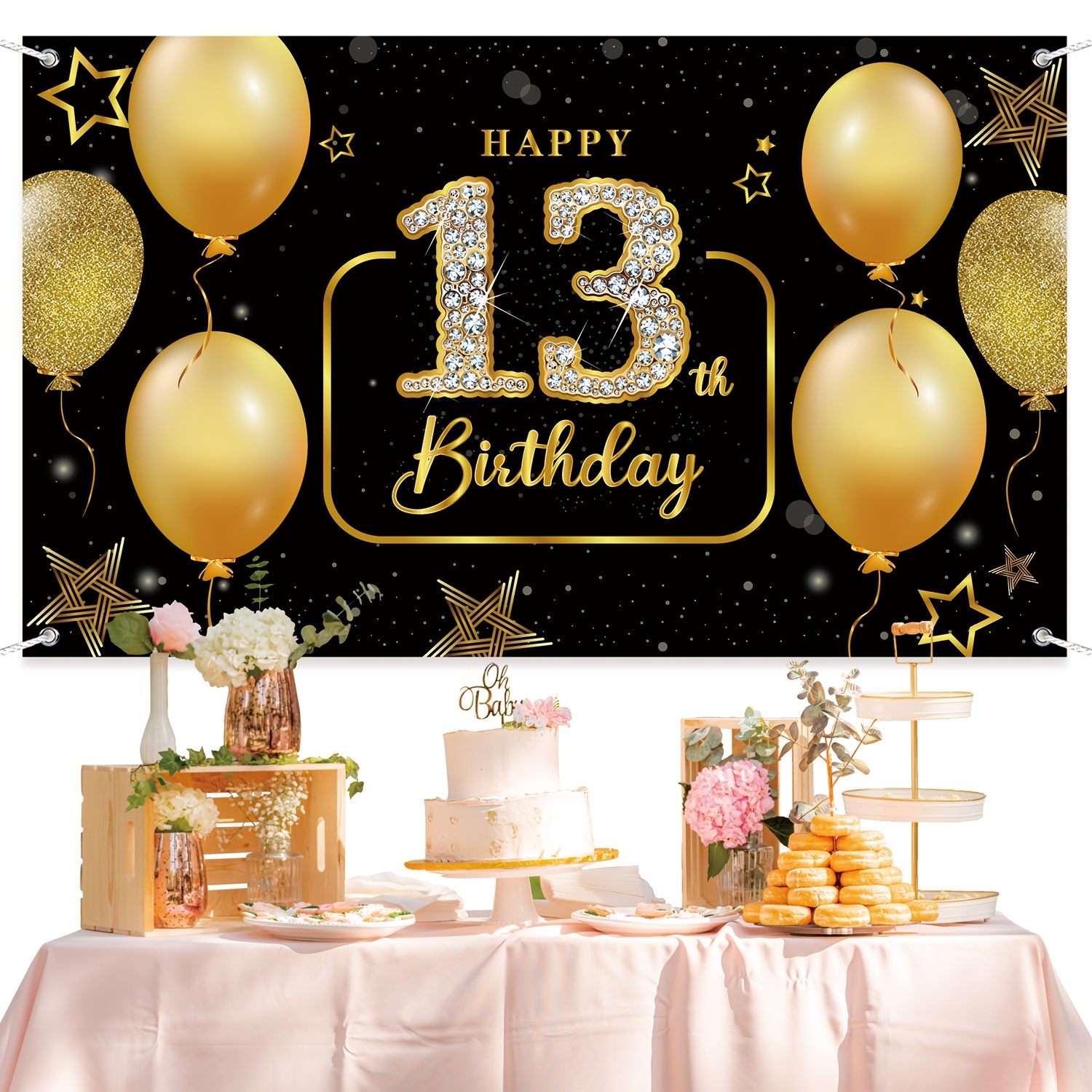 Decoraciones de cumpleaños número 13 para niñas, oro rosa y negro,  decoraciones de cumpleaños de niña de 13 años, pancarta de feliz cumpleaños  número