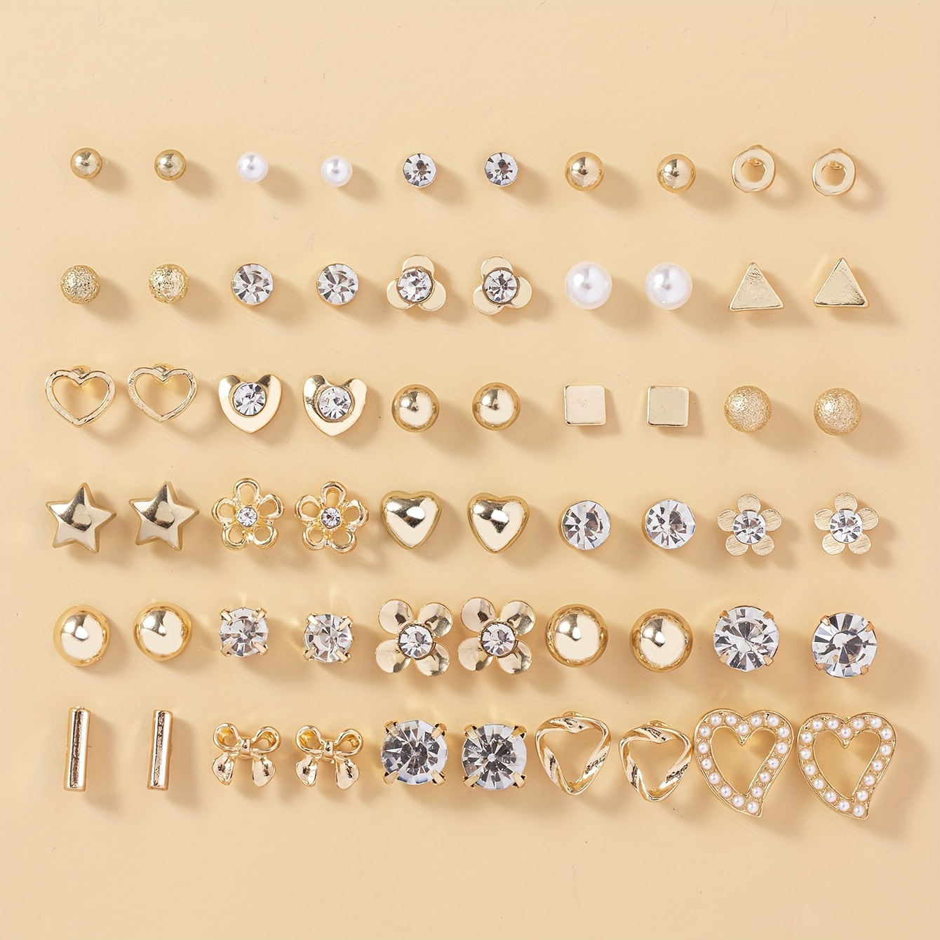 

30 Pairs Golden Stud Earrings Set With Shiny Rhinestone Faux Pearl Decor Cute Vocation Style Zinc Alloy Jewelry Daily Casual