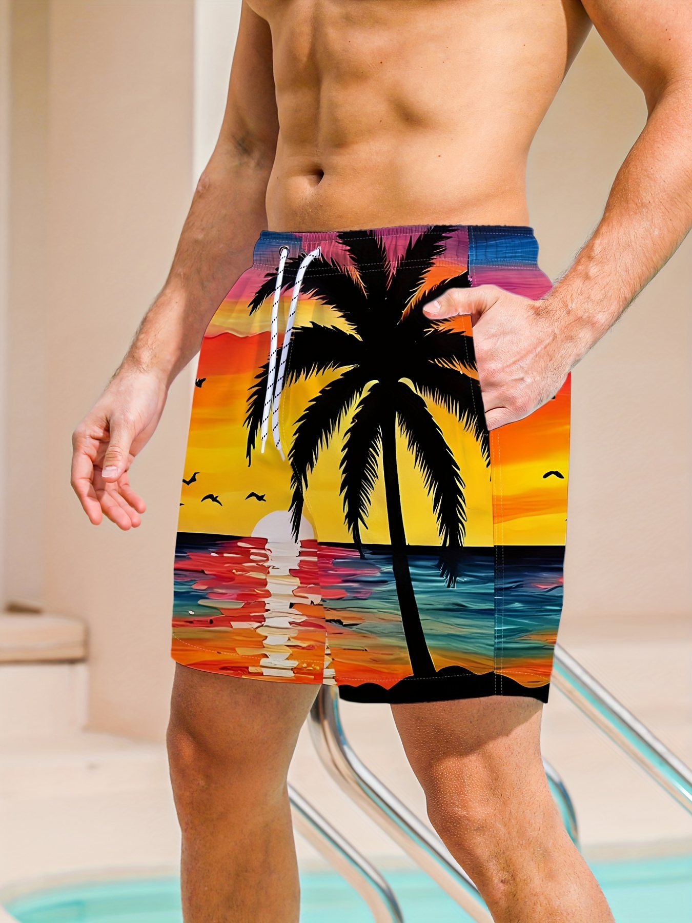 Palm Tree Print Quick Dry Summer Mens Siwmwear Beach Board Shorts