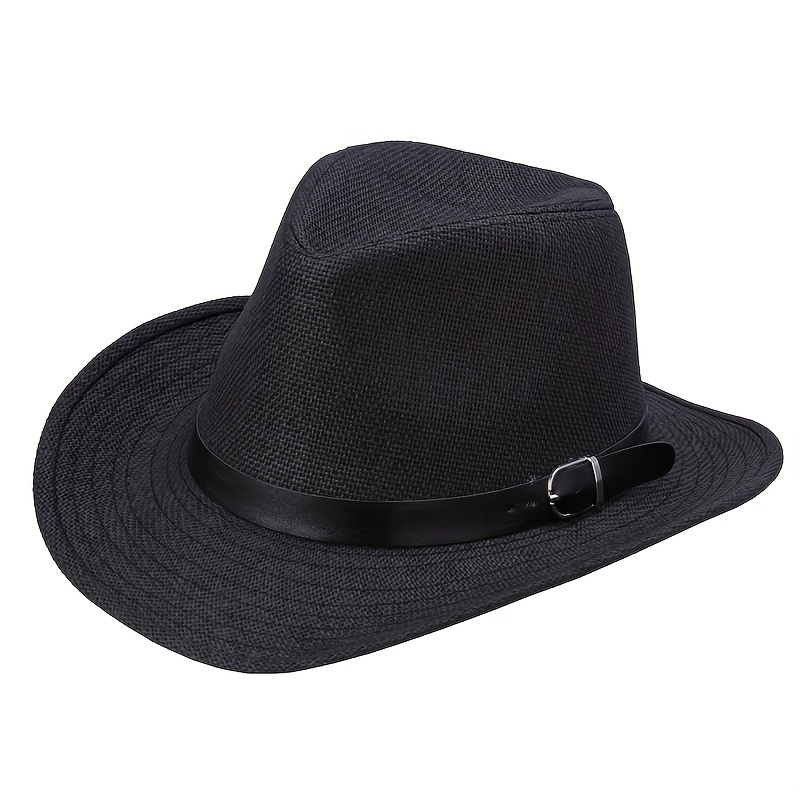 Western Cowboy Straw Fedora Belt Decor Wide Brim Sun Hat